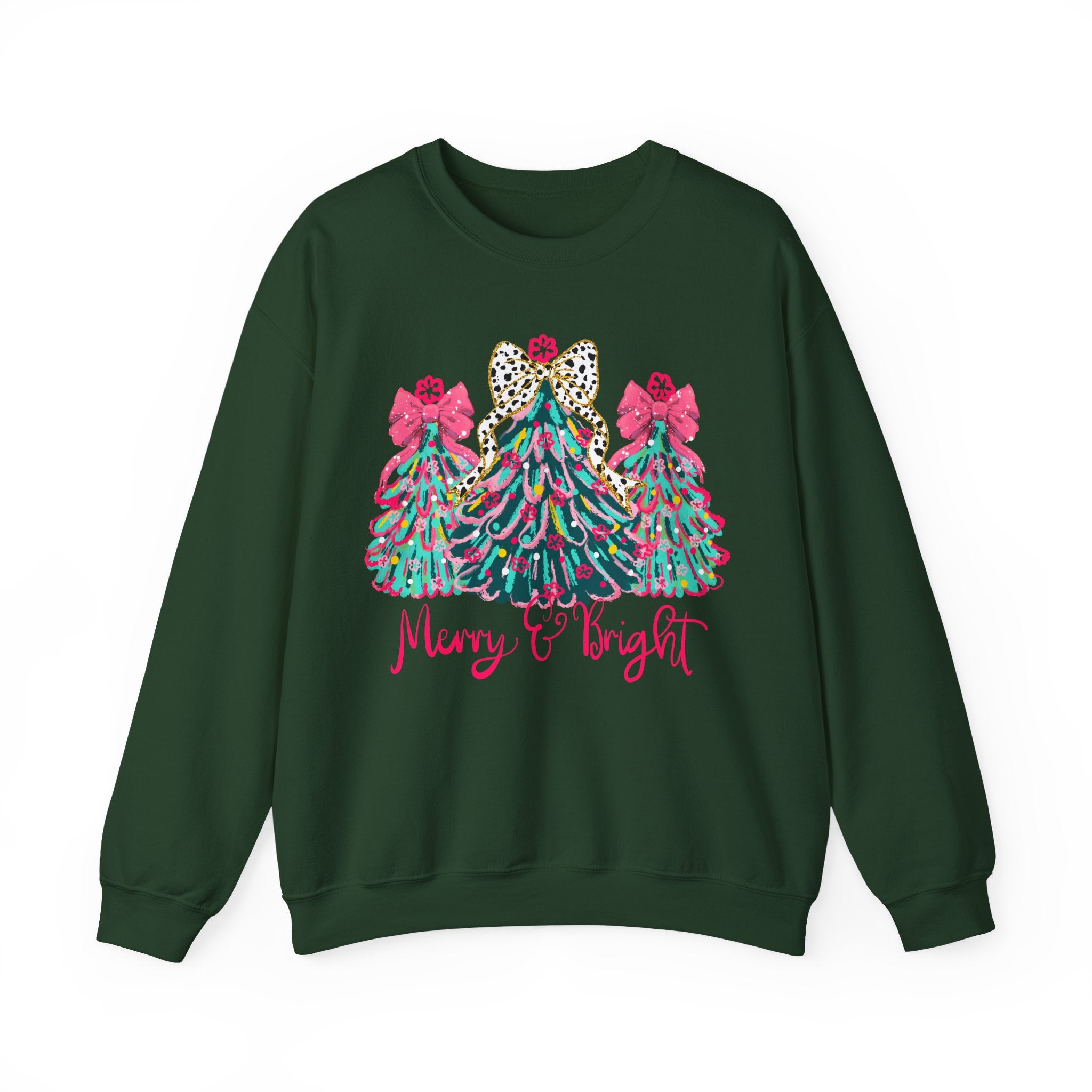 Merry & Bright Christmas Trees Sweatshirt | Womens Crewneck Holiday Christmas Sweater