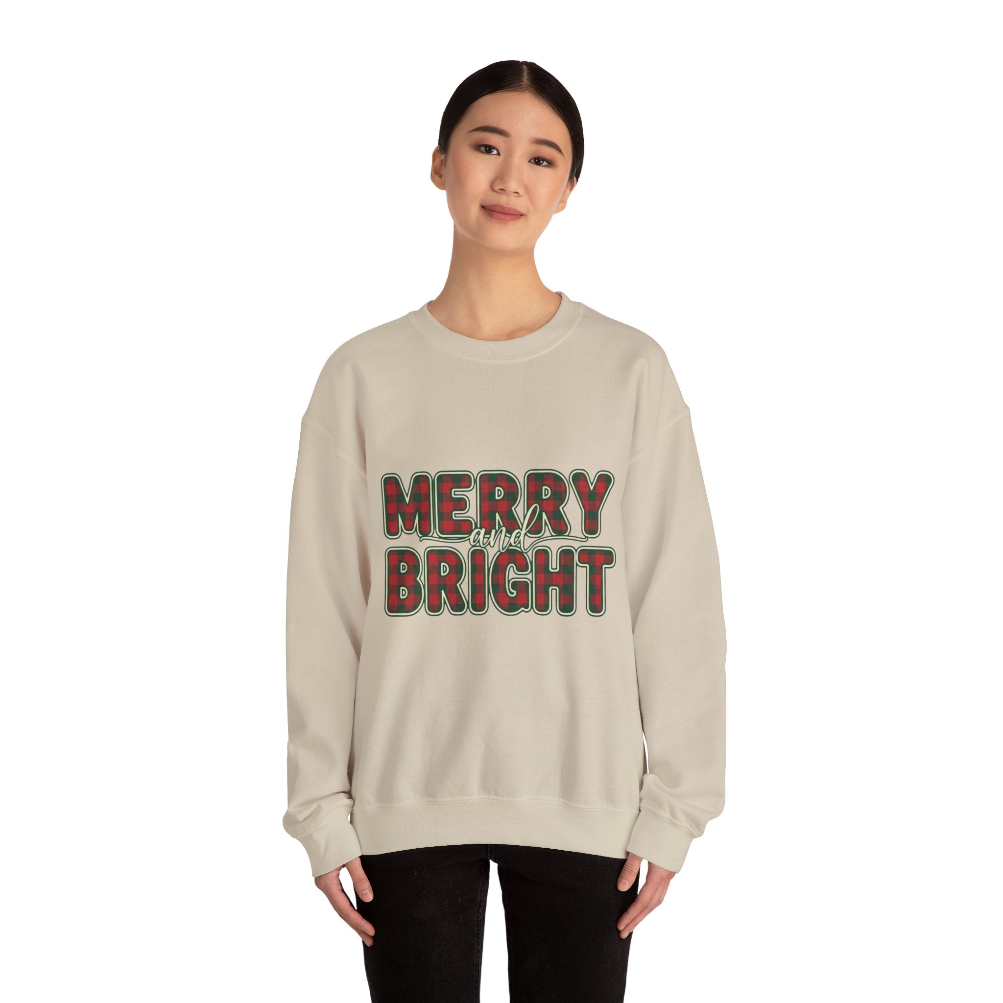 Merry and Bright Womens Christmas Sweatshirt - Plaid Letters