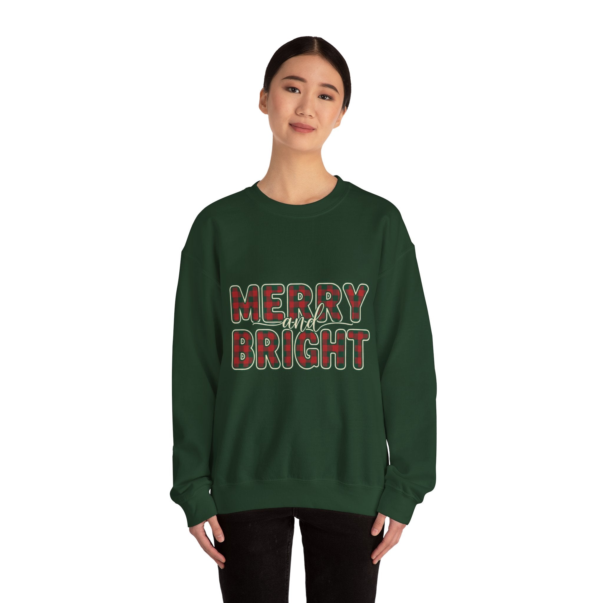 Merry and Bright Womens Christmas Sweatshirt - Plaid Letters