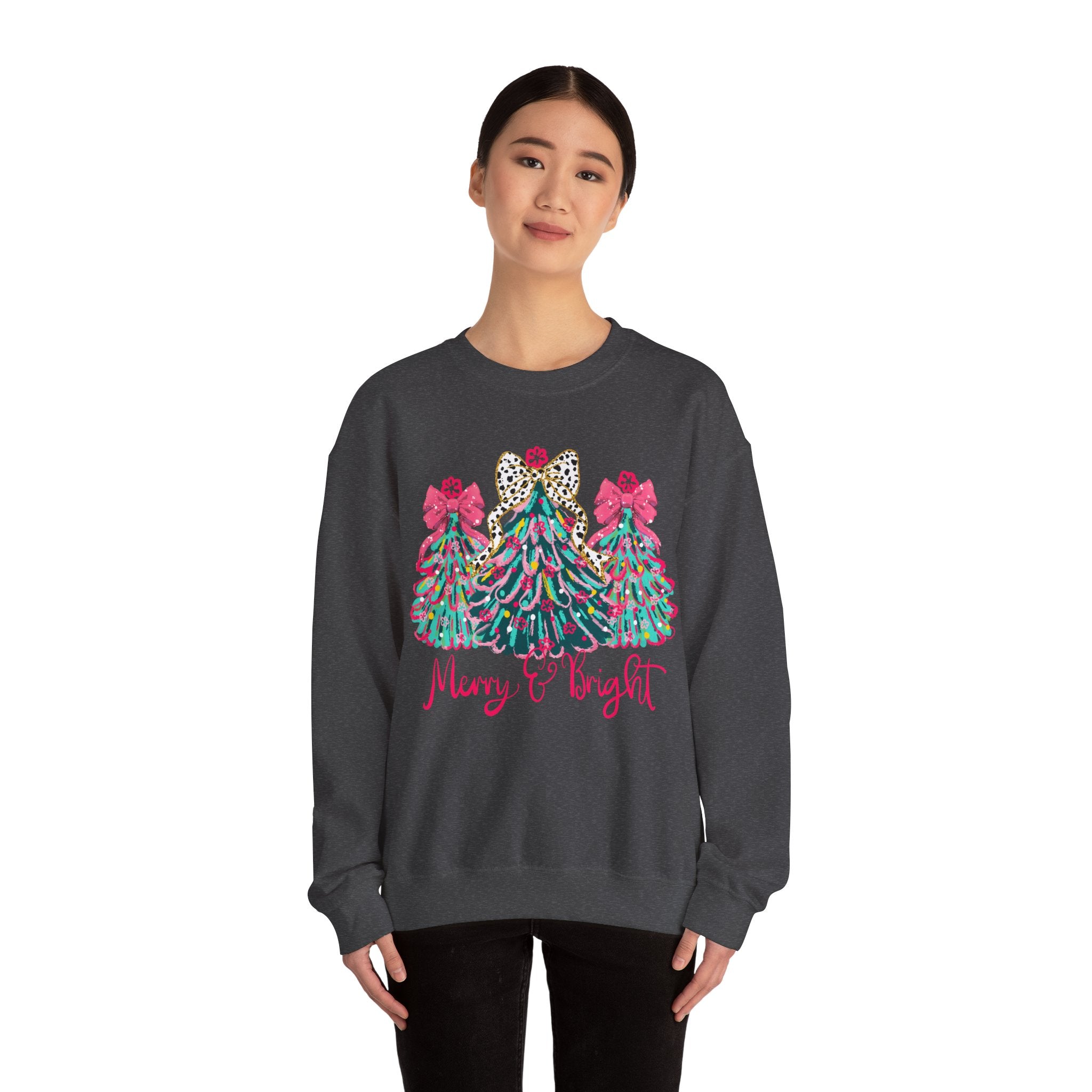 Merry & Bright Christmas Trees Sweatshirt | Womens Crewneck Holiday Christmas Sweater