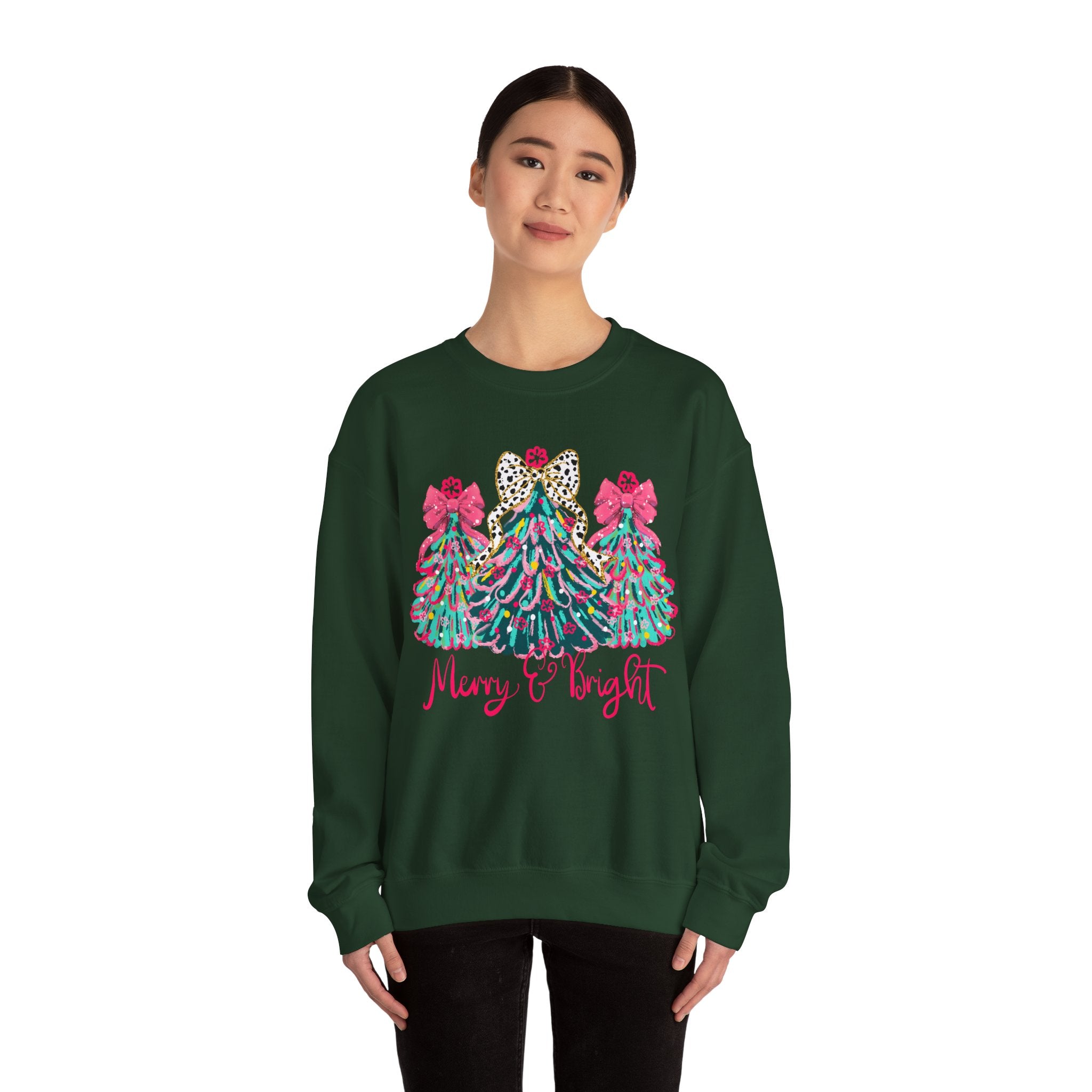 Merry & Bright Christmas Trees Sweatshirt | Womens Crewneck Holiday Christmas Sweater