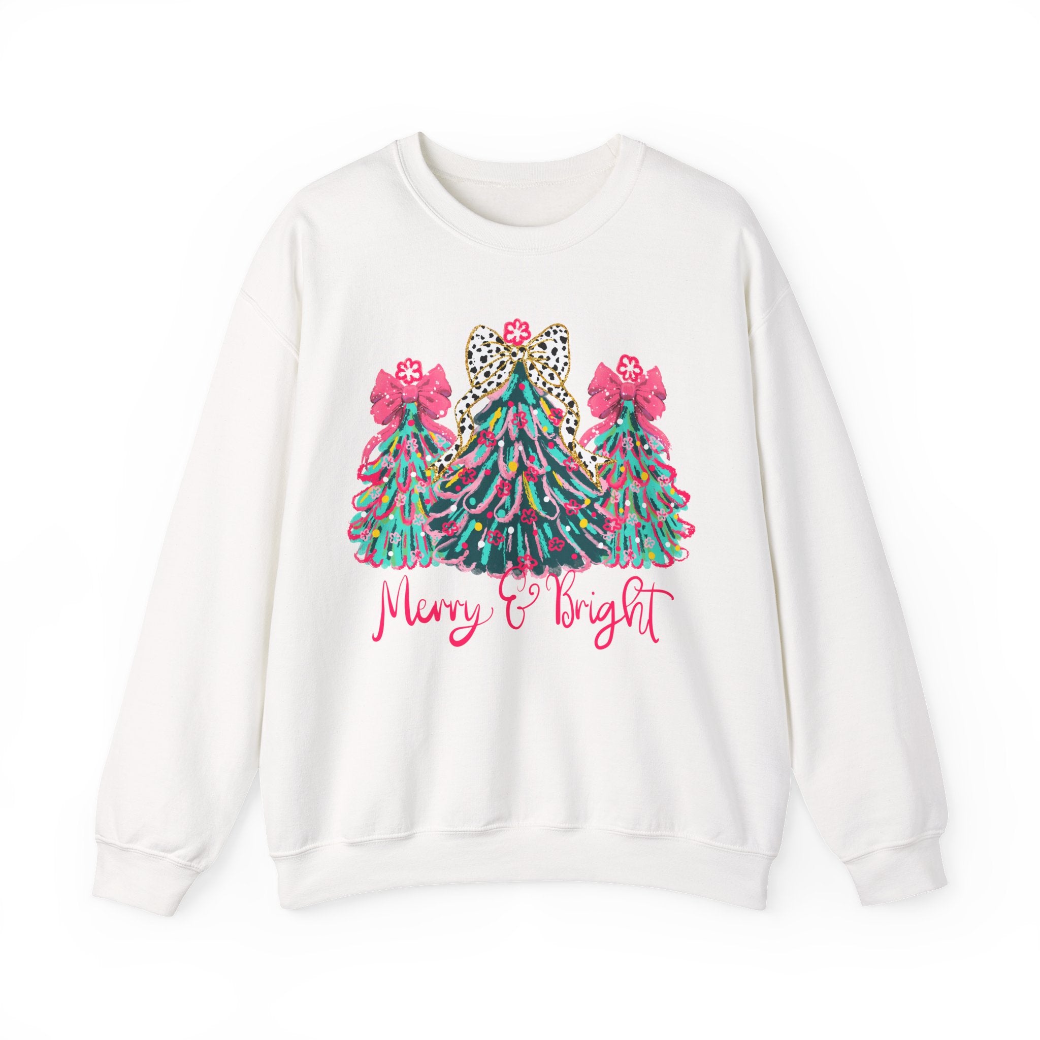 Merry & Bright Christmas Trees Sweatshirt | Womens Crewneck Holiday Christmas Sweater