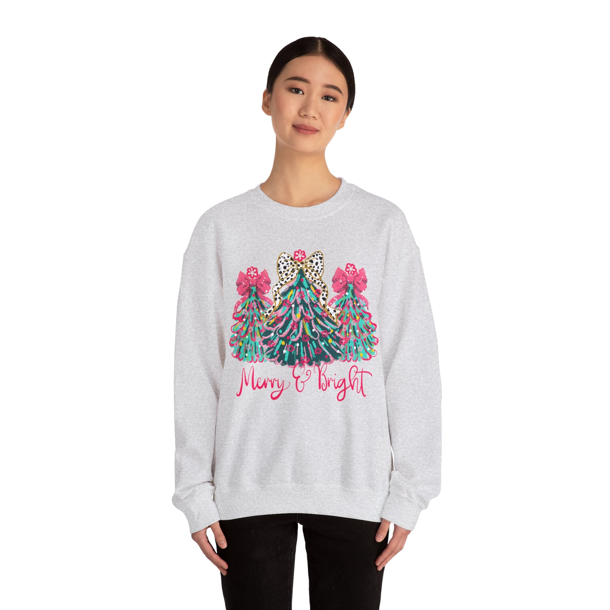 Merry & Bright Christmas Trees Sweatshirt | Womens Crewneck Holiday Christmas Sweater