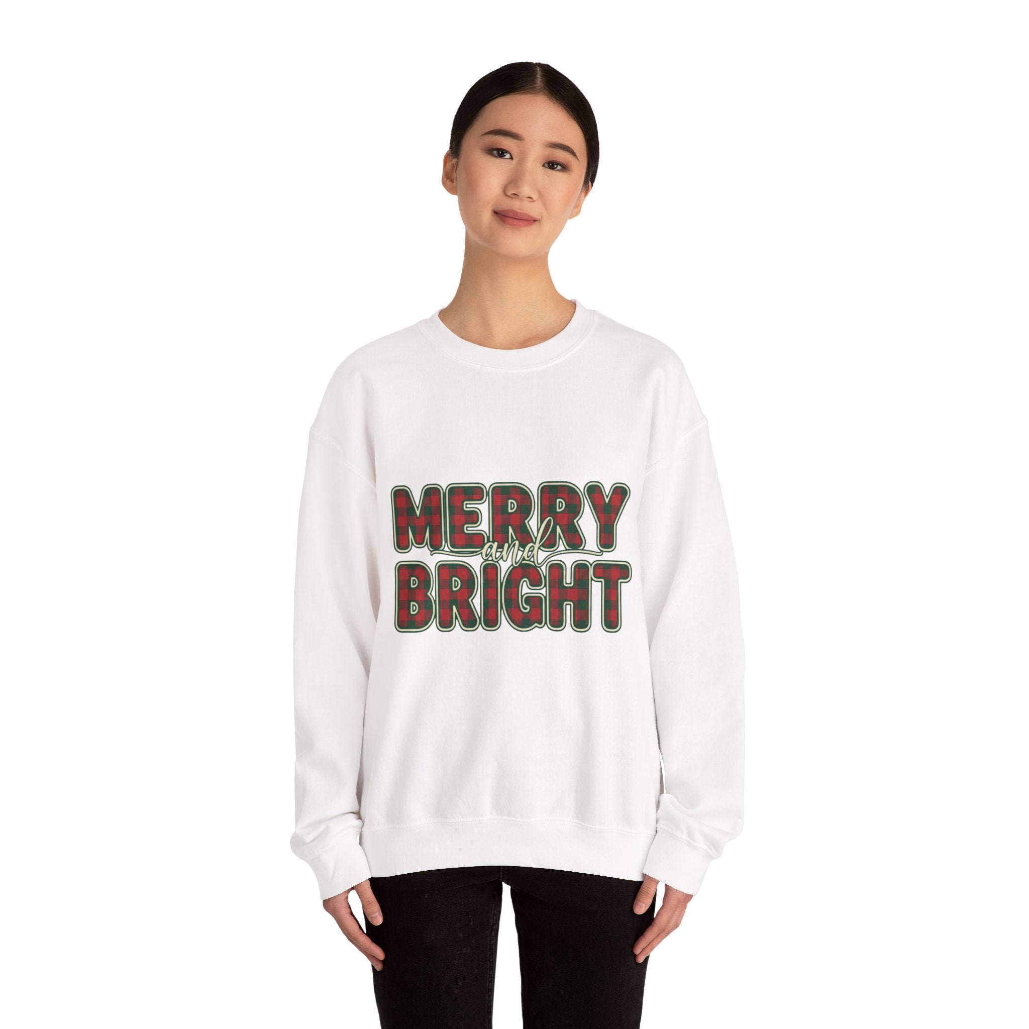 Merry and Bright Womens Christmas Sweatshirt - Plaid Letters