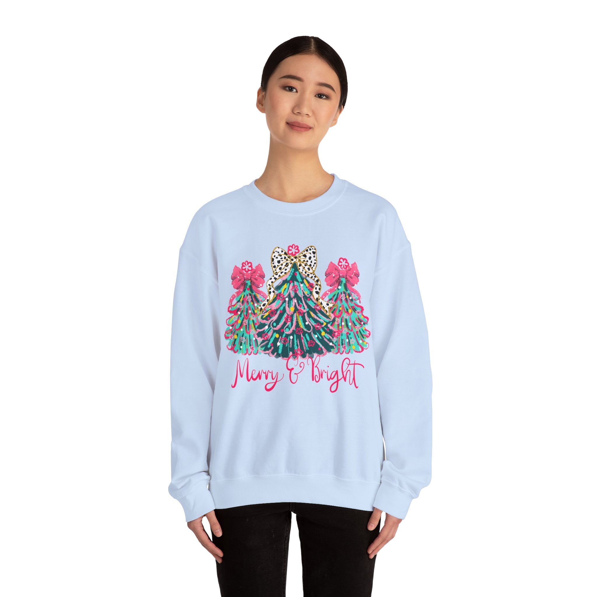 Merry & Bright Christmas Trees Sweatshirt | Womens Crewneck Holiday Christmas Sweater