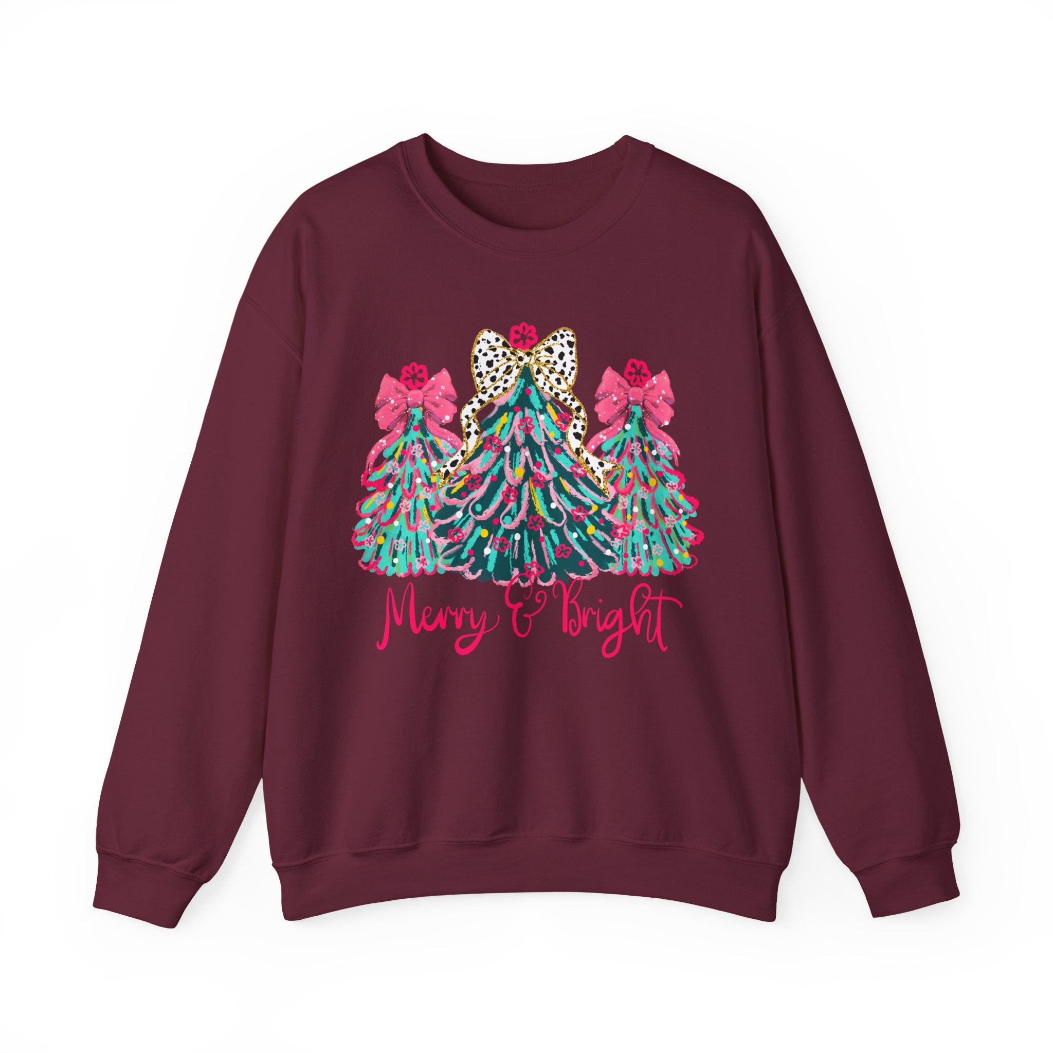 Merry & Bright Christmas Trees Sweatshirt | Womens Crewneck Holiday Christmas Sweater