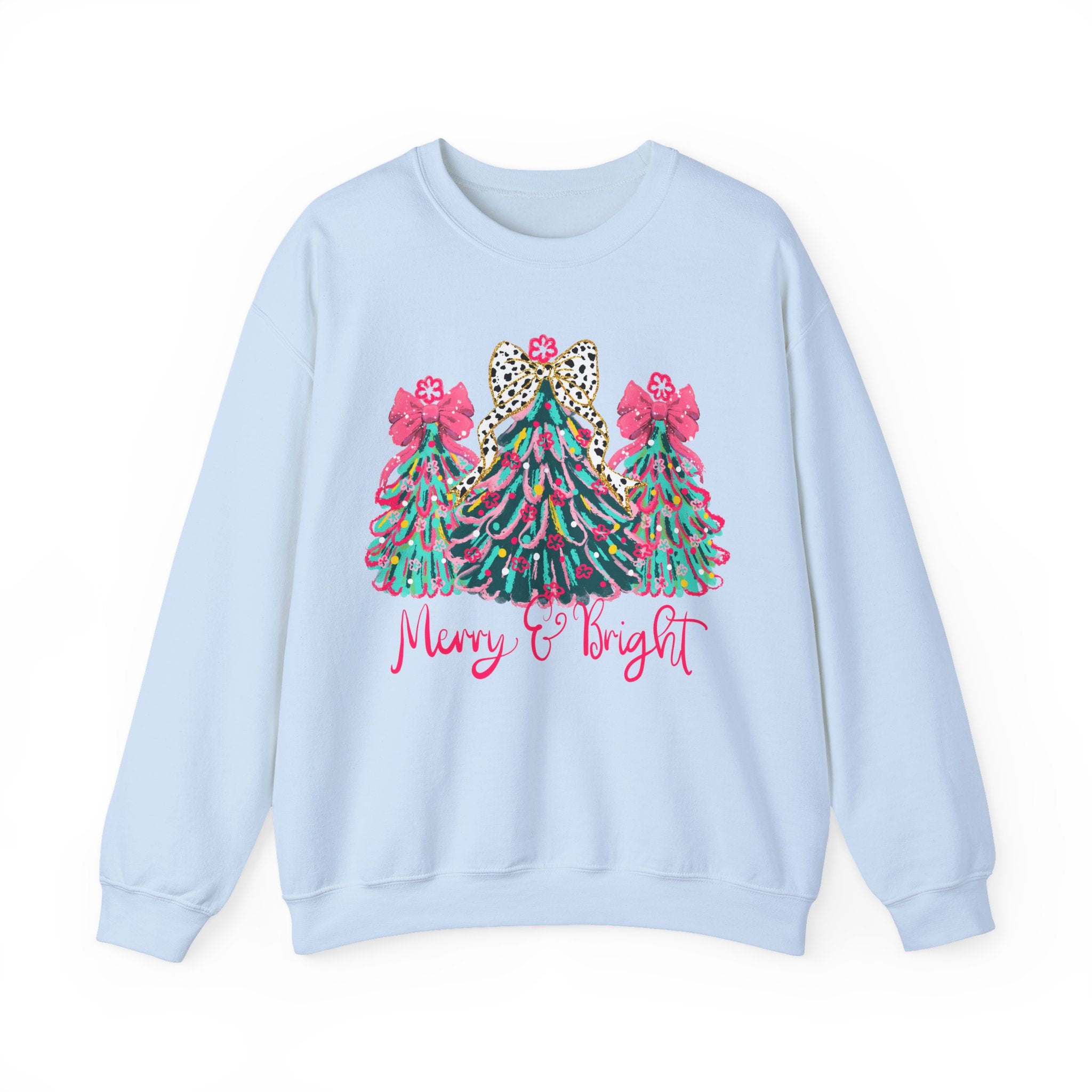 Merry & Bright Christmas Trees Sweatshirt | Womens Crewneck Holiday Christmas Sweater