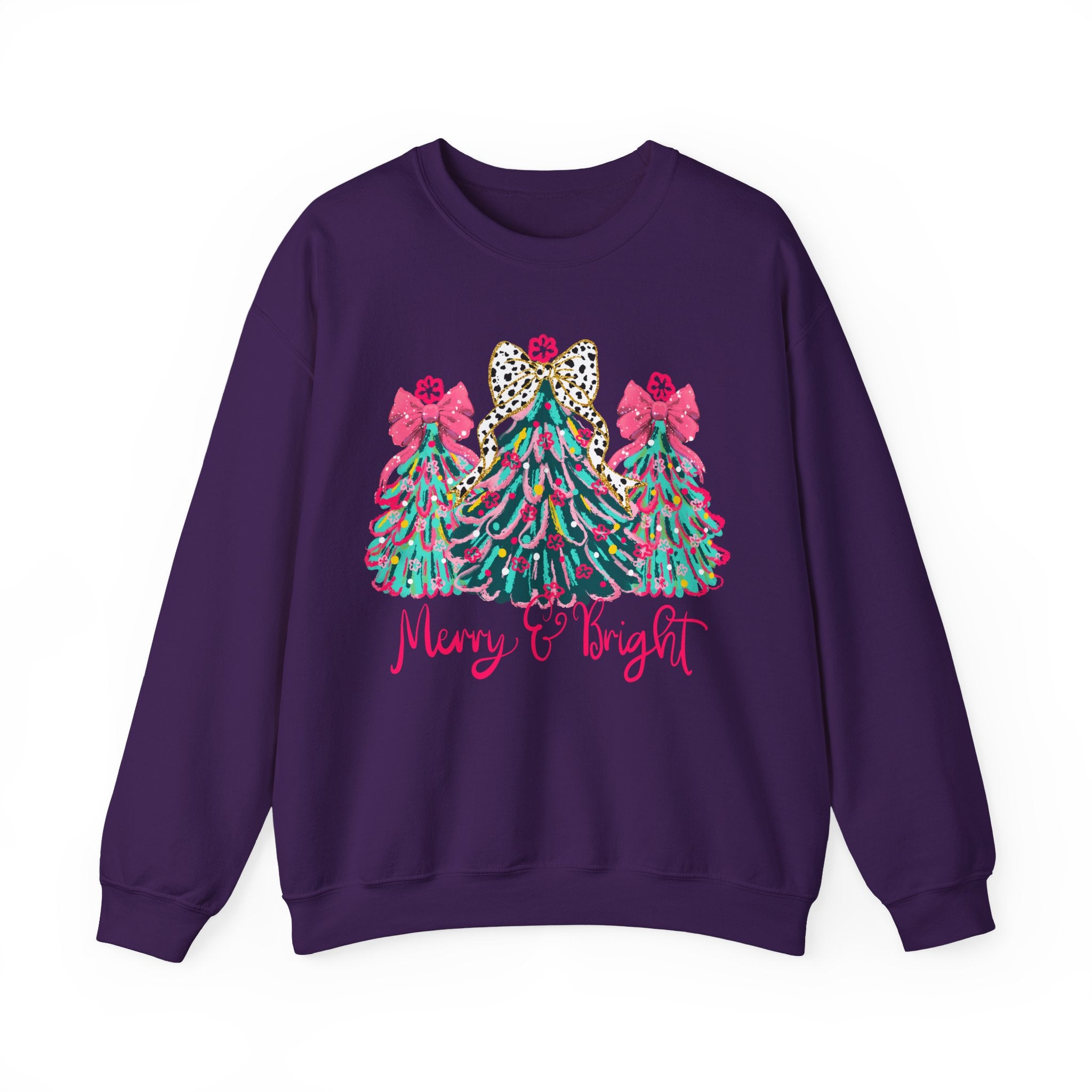 Merry & Bright Christmas Trees Sweatshirt | Womens Crewneck Holiday Christmas Sweater