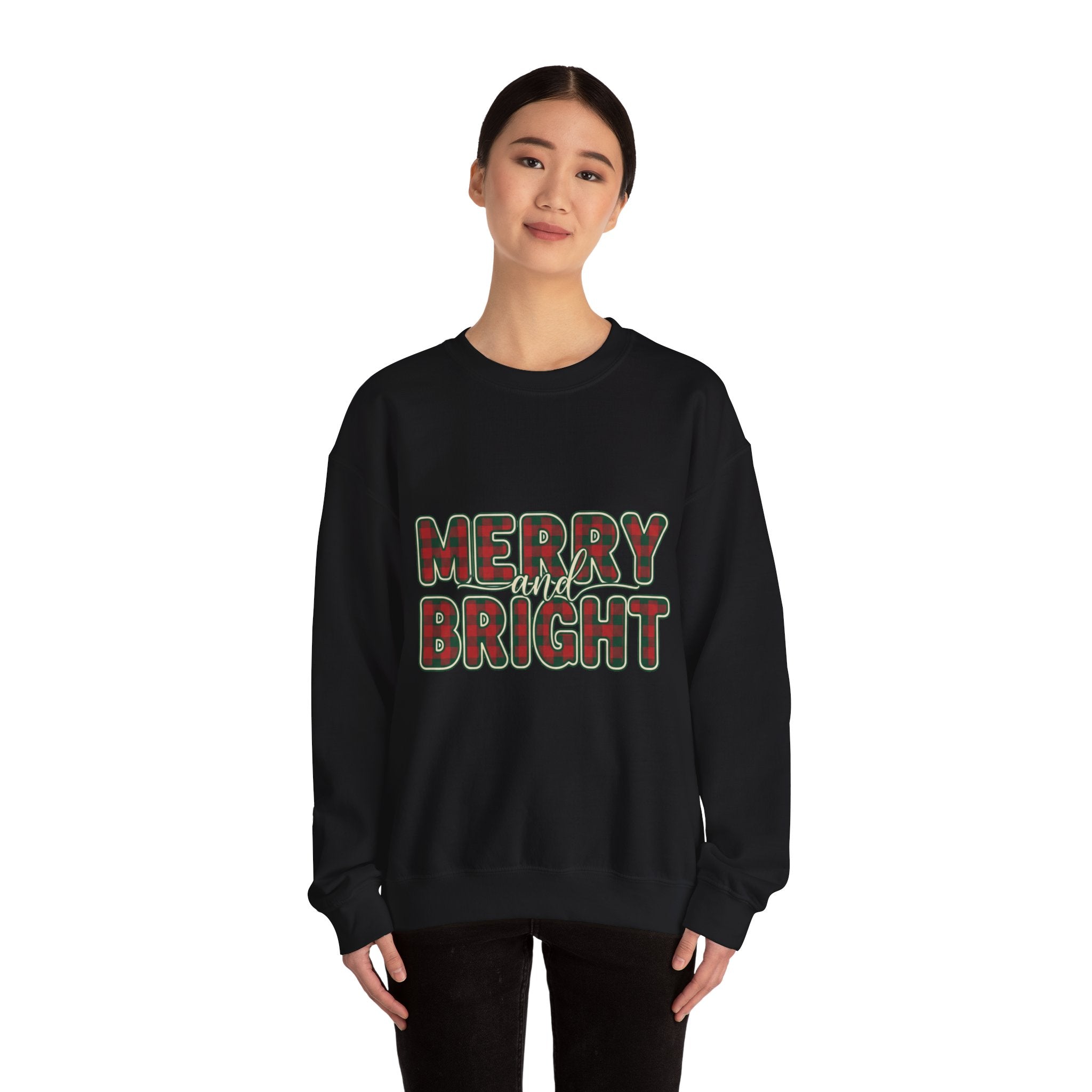 Merry and Bright Womens Christmas Sweatshirt - Plaid Letters