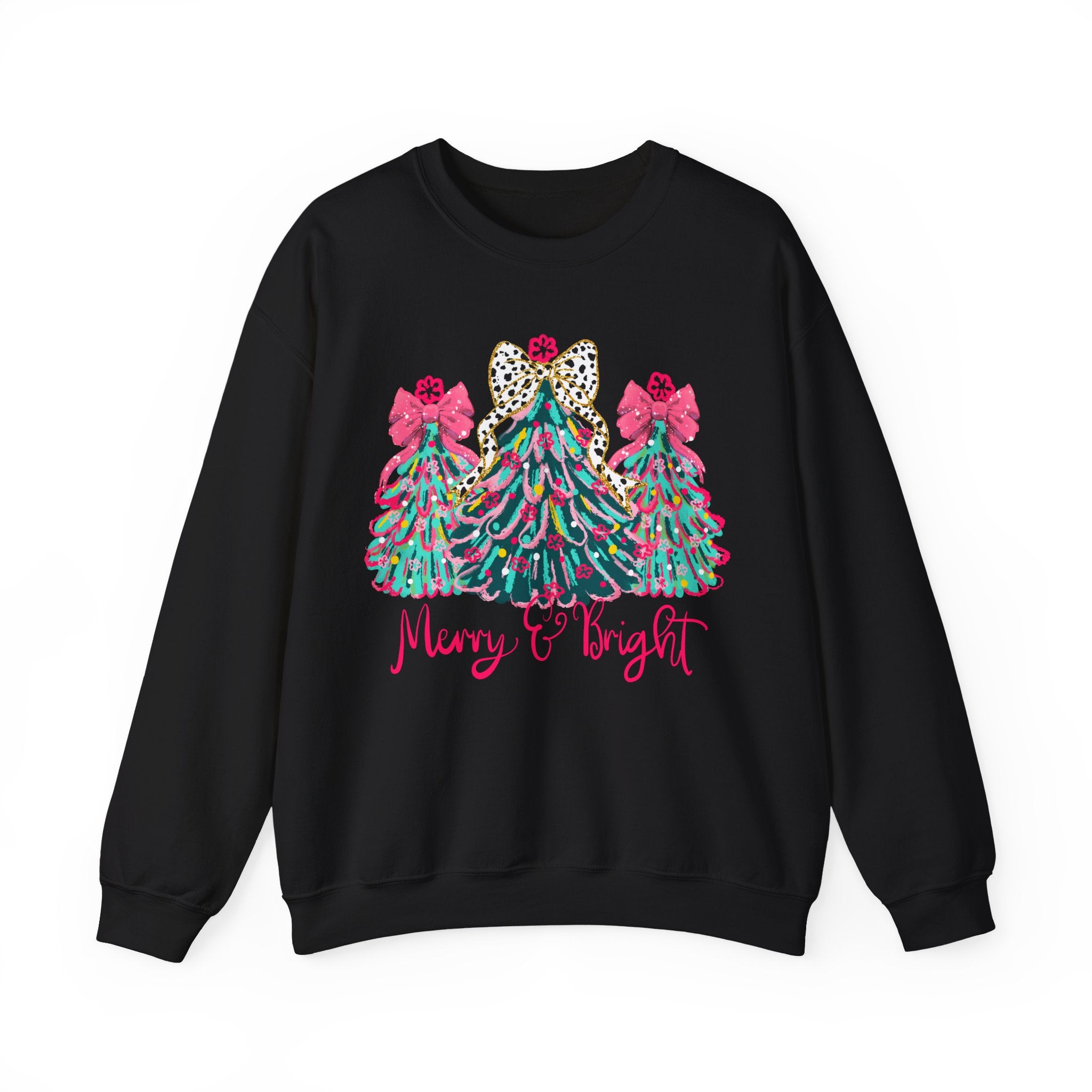 Merry & Bright Christmas Trees Sweatshirt | Womens Crewneck Holiday Christmas Sweater