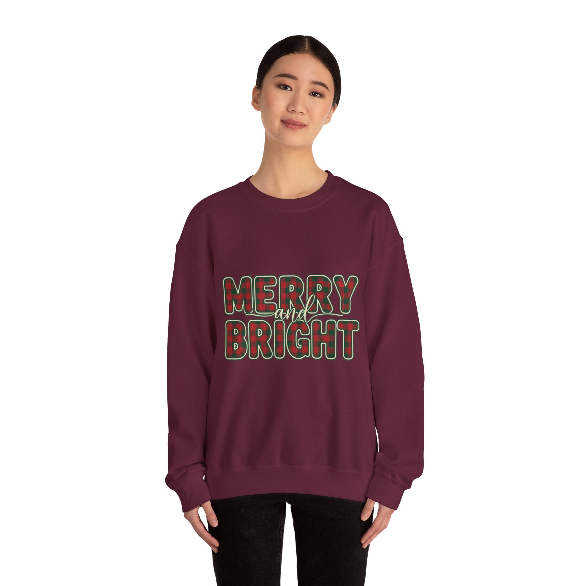 Merry and Bright Womens Christmas Sweatshirt - Plaid Letters