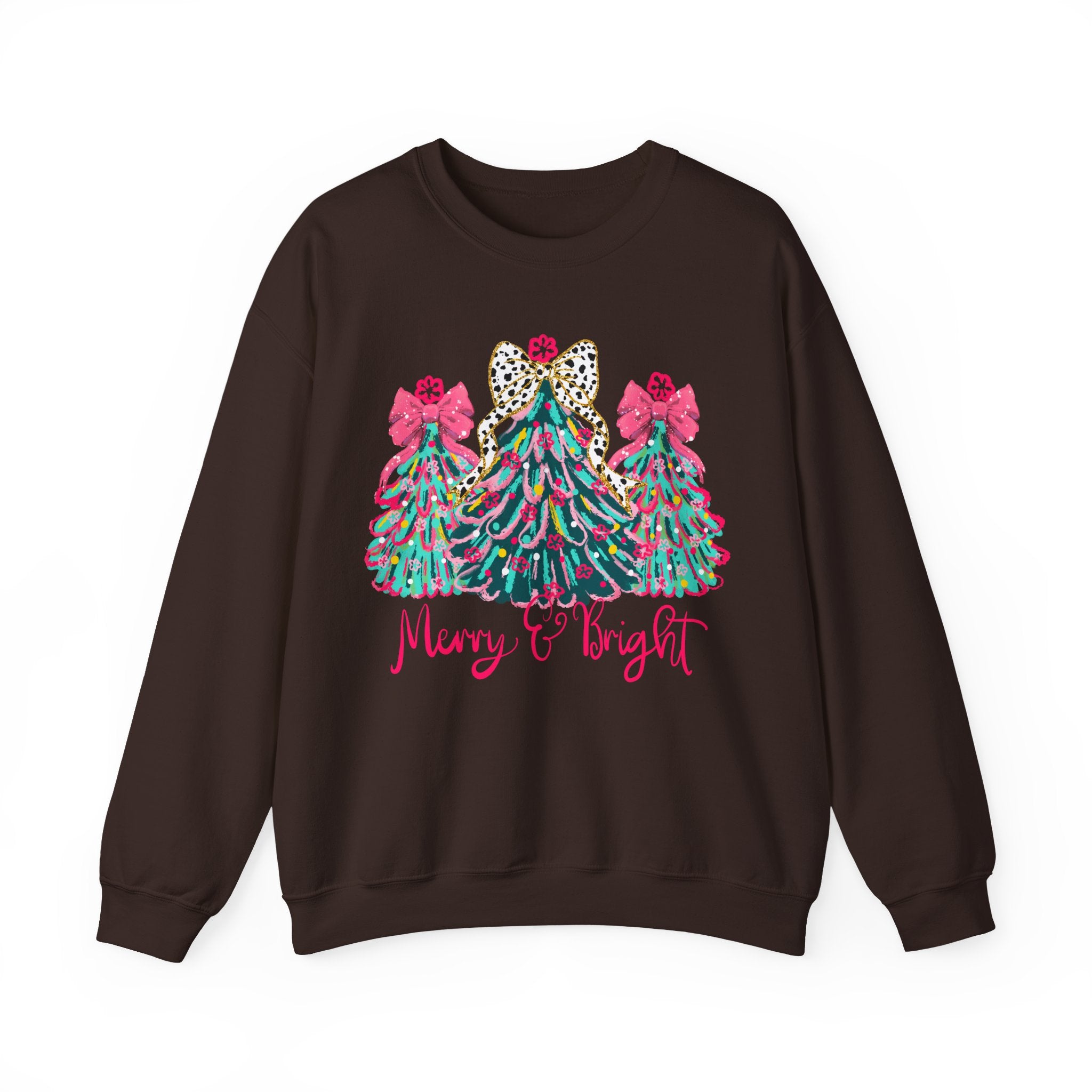 Merry & Bright Christmas Trees Sweatshirt | Womens Crewneck Holiday Christmas Sweater