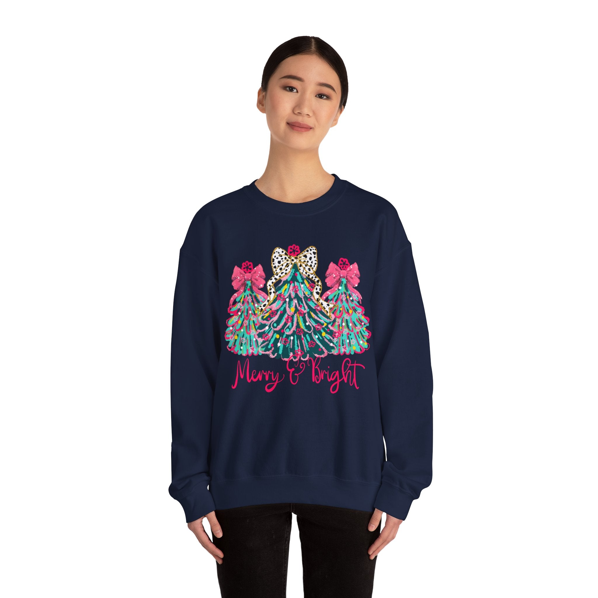 Merry & Bright Christmas Trees Sweatshirt | Womens Crewneck Holiday Christmas Sweater