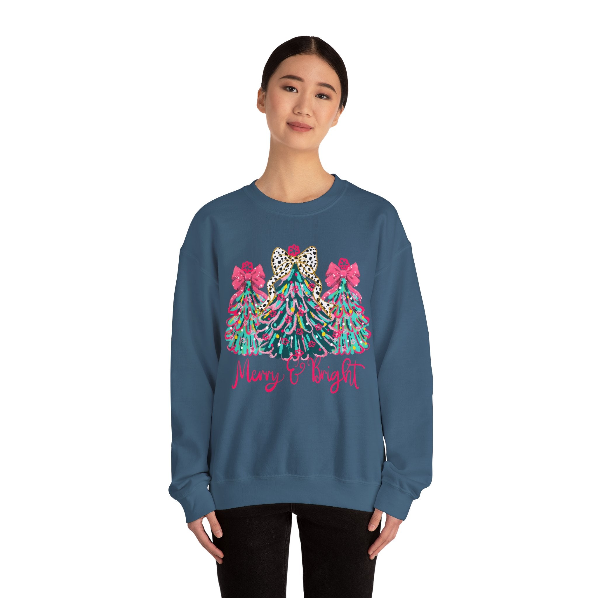 Merry & Bright Christmas Trees Sweatshirt | Womens Crewneck Holiday Christmas Sweater