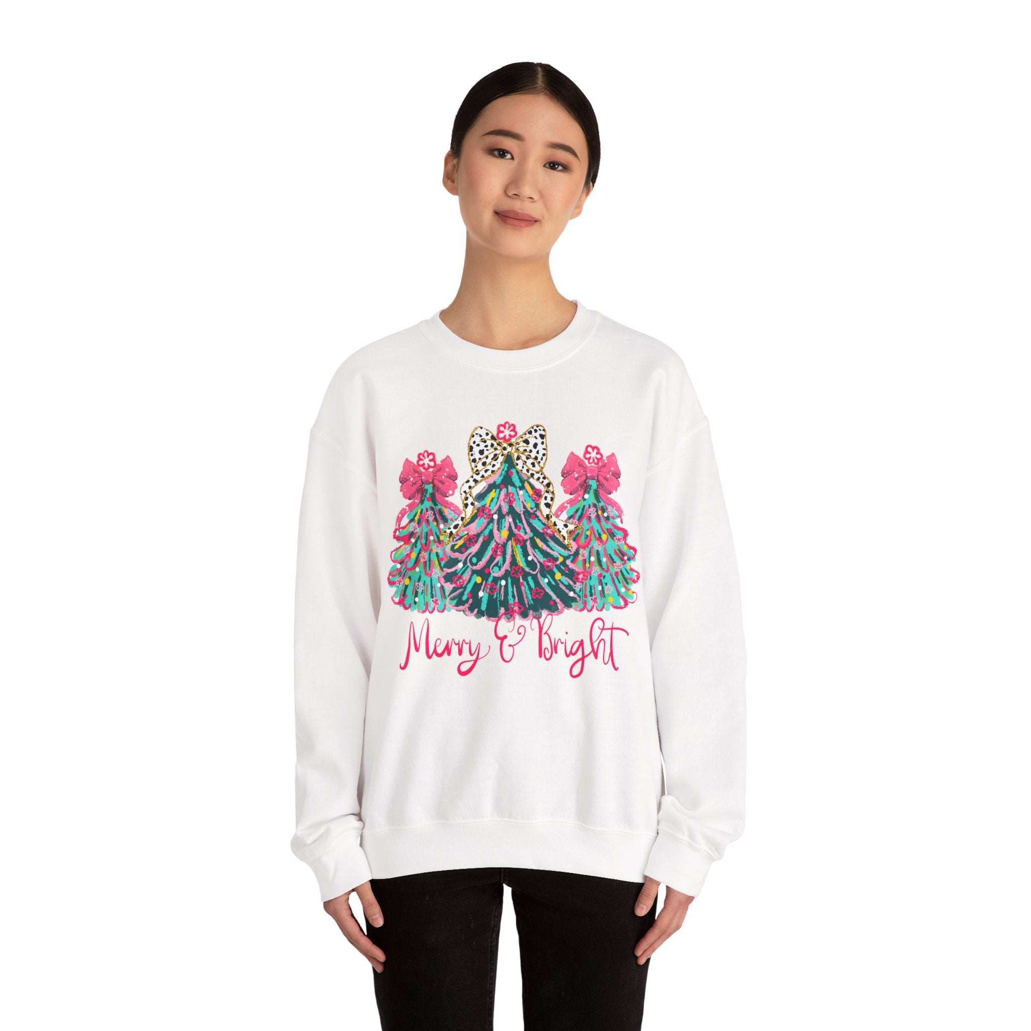 Merry & Bright Christmas Trees Sweatshirt | Womens Crewneck Holiday Christmas Sweater