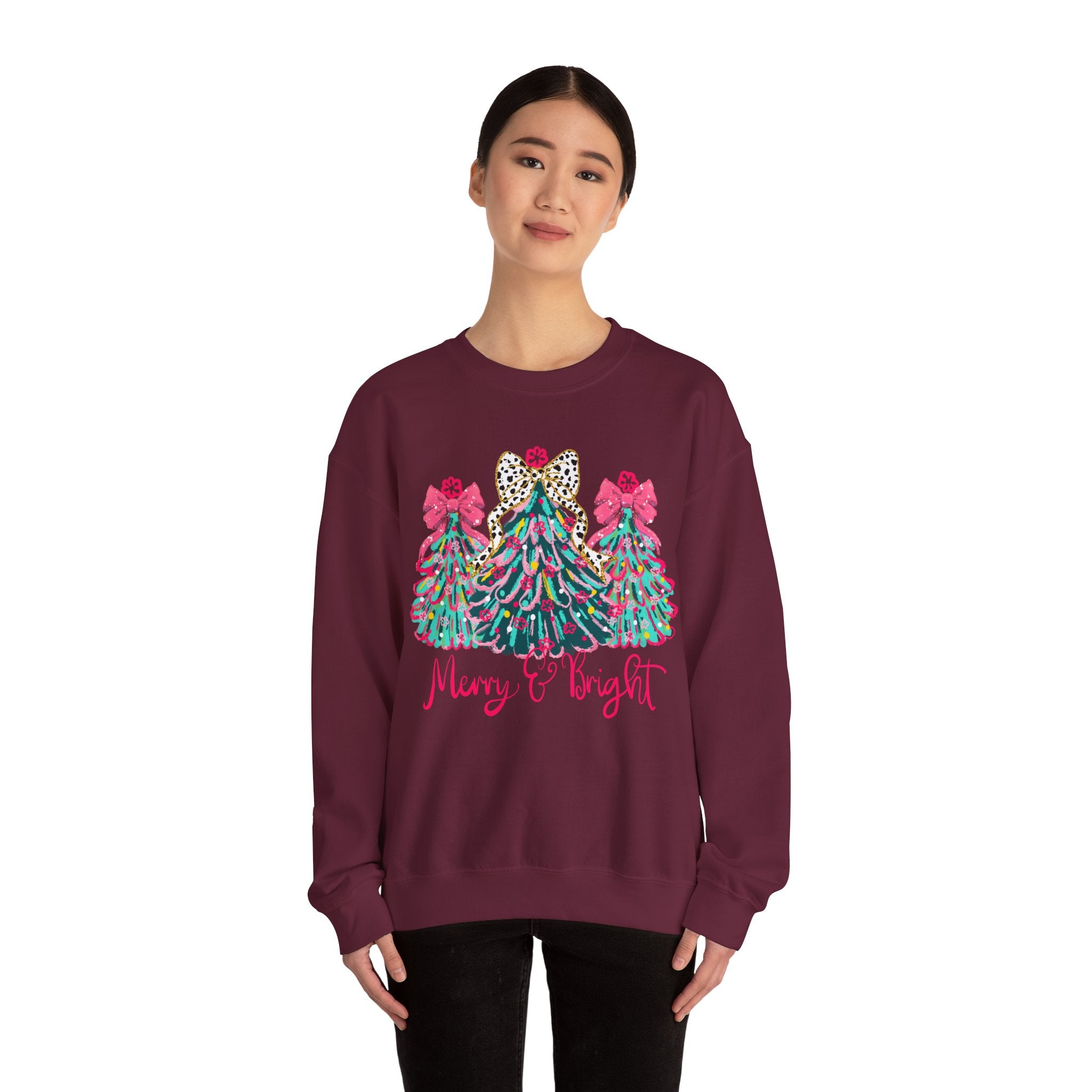 Merry & Bright Christmas Trees Sweatshirt | Womens Crewneck Holiday Christmas Sweater