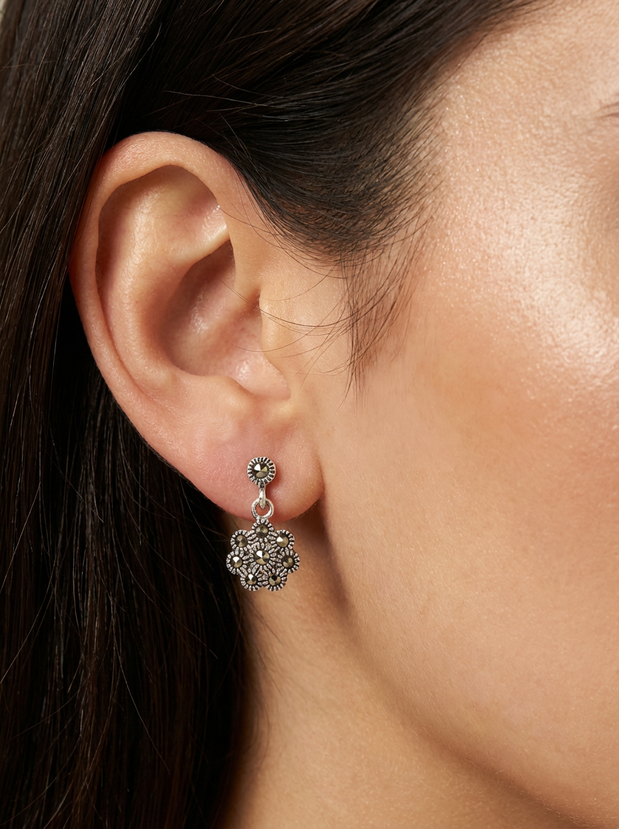 925 Sterling Silver Marcasite Flower Drop Earrings