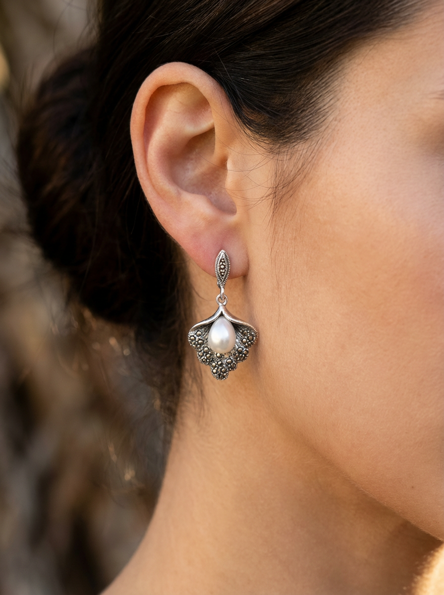 925 Sterling Silver Art Deco Marcasite & Pearl Drop Earrings