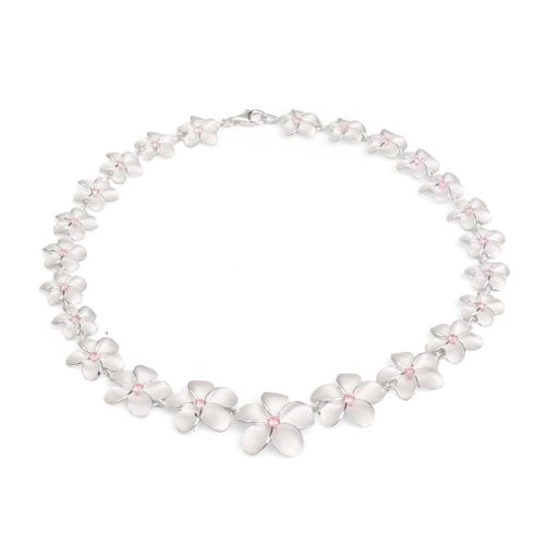 925 Sterling Silver Plumeria Flower Necklace – Pink CZ Hawaiian Statement Collar, Hallmarked 925