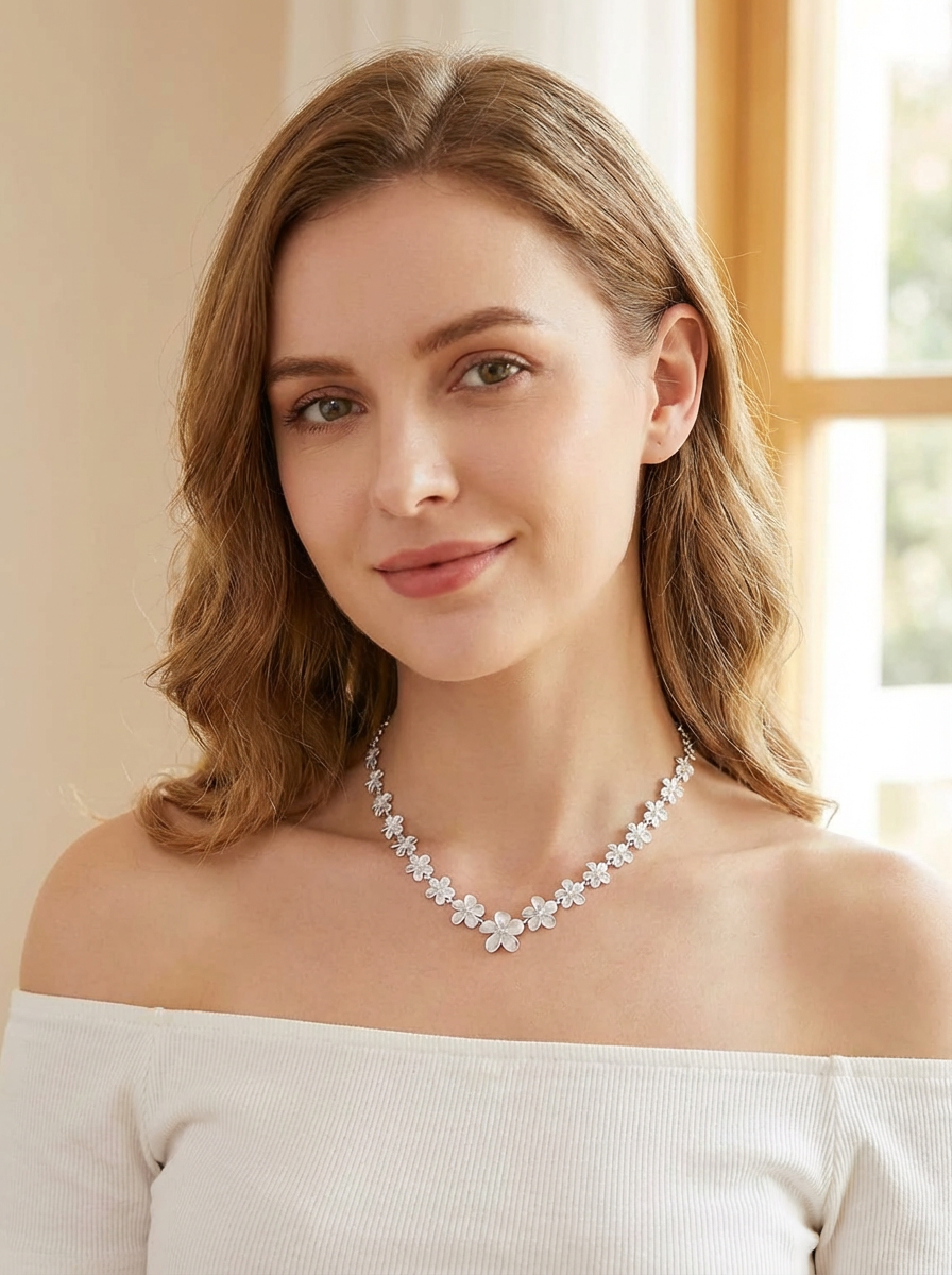 925 Sterling Silver Plumeria Necklace – Graduated Hawaiian Flower CZ Collar, Diamond-Cut Frosted Finish
