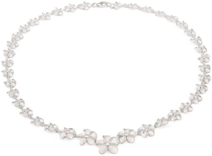 925 Sterling Silver Plumeria Necklace – Graduated Hawaiian Flower CZ Collar, Diamond-Cut Frosted Finish