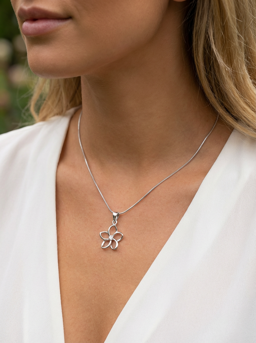 925 Sterling Silver Plumeria Flower Pendant – 18mm Hawaiian Open Petal Flower Design