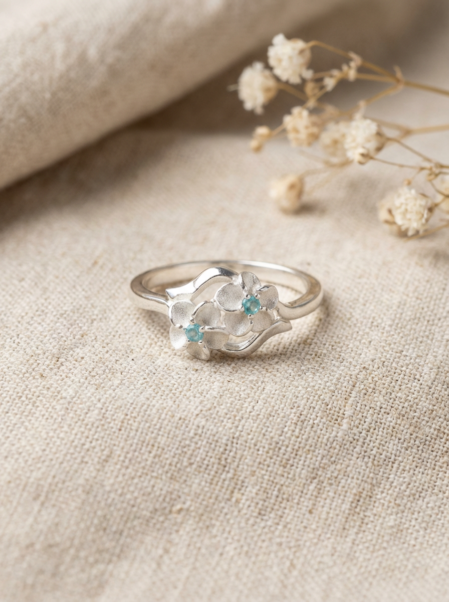 925 Sterling Silver Plumeria Ring with Blue CZ – Delicate Hawaiian Flower Band