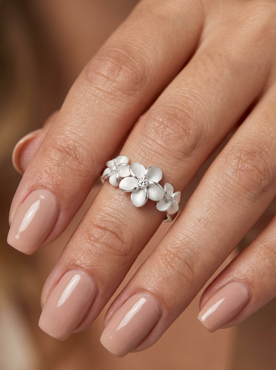 925 Sterling Silver Triple Plumeria Ring – CZ Flower Band, Hallmarked 925