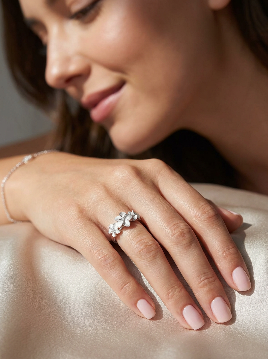 925 Sterling Silver Triple Plumeria Ring – CZ Flower Band, Hallmarked 925