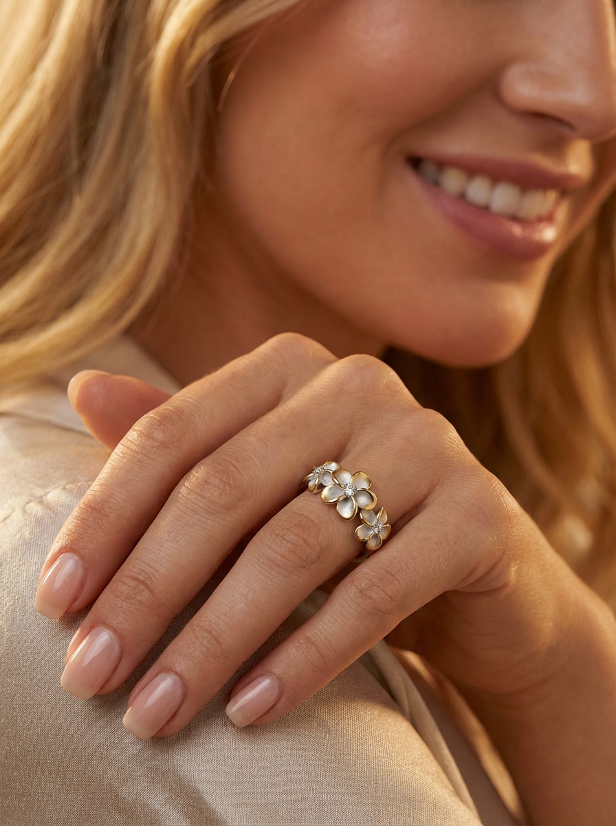 925 Sterling Silver Triple Plumeria Ring – Rhodium Plated with Yellow Gold Accents with CZ Centers