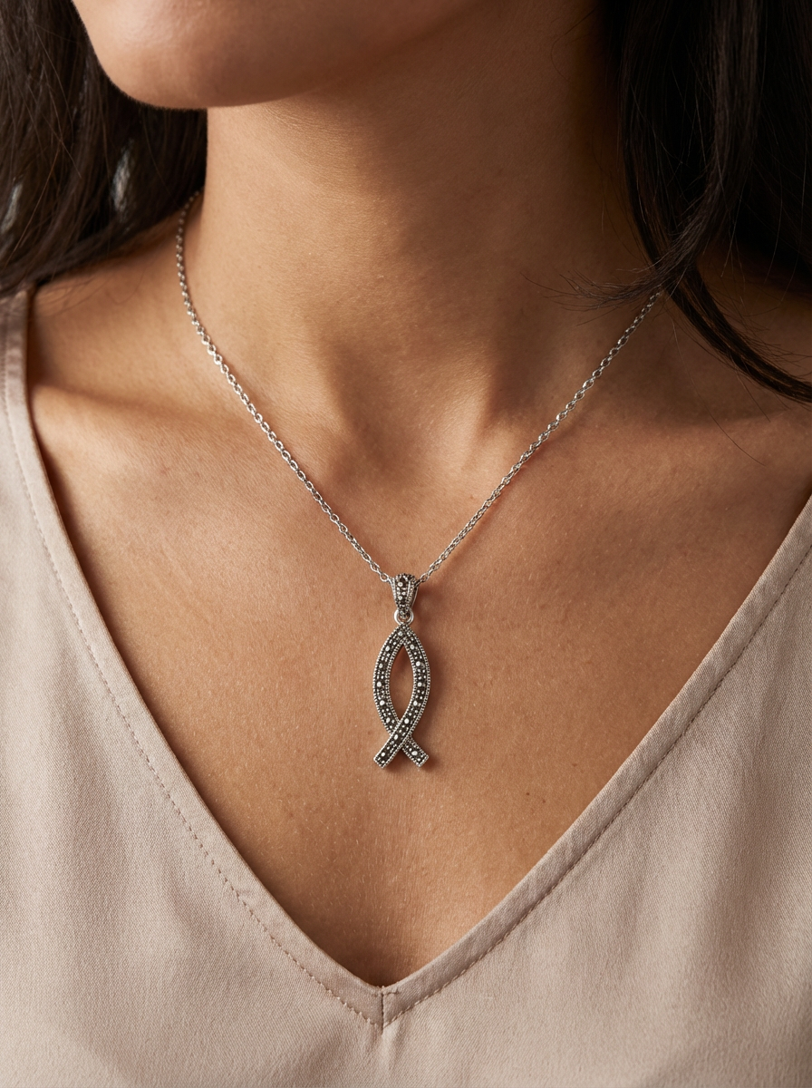 925 Sterling Silver Marcasite Fish Pendant – Elegant Ichthus Design