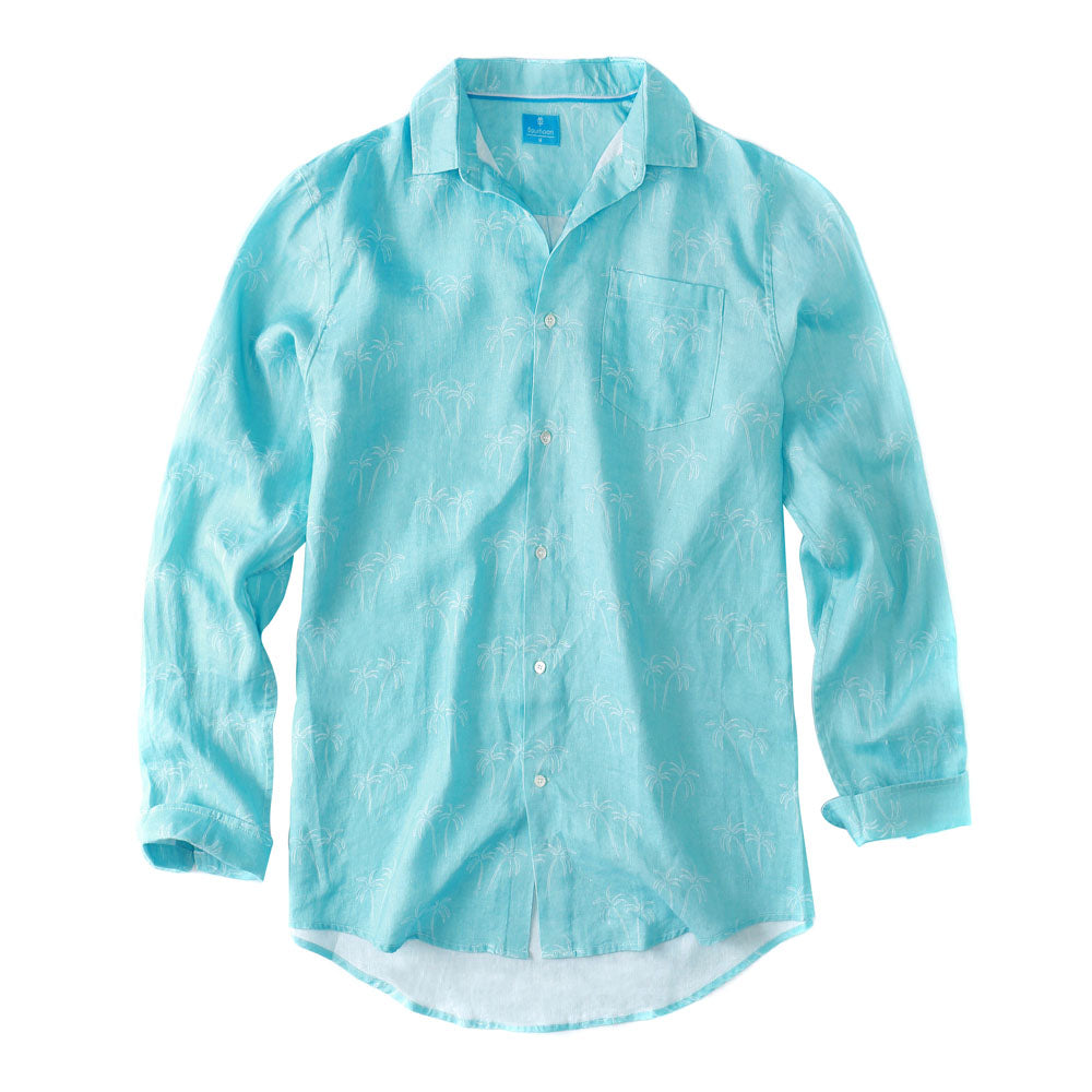 Mens Linen Shirt Aqua Blue Palm Trees