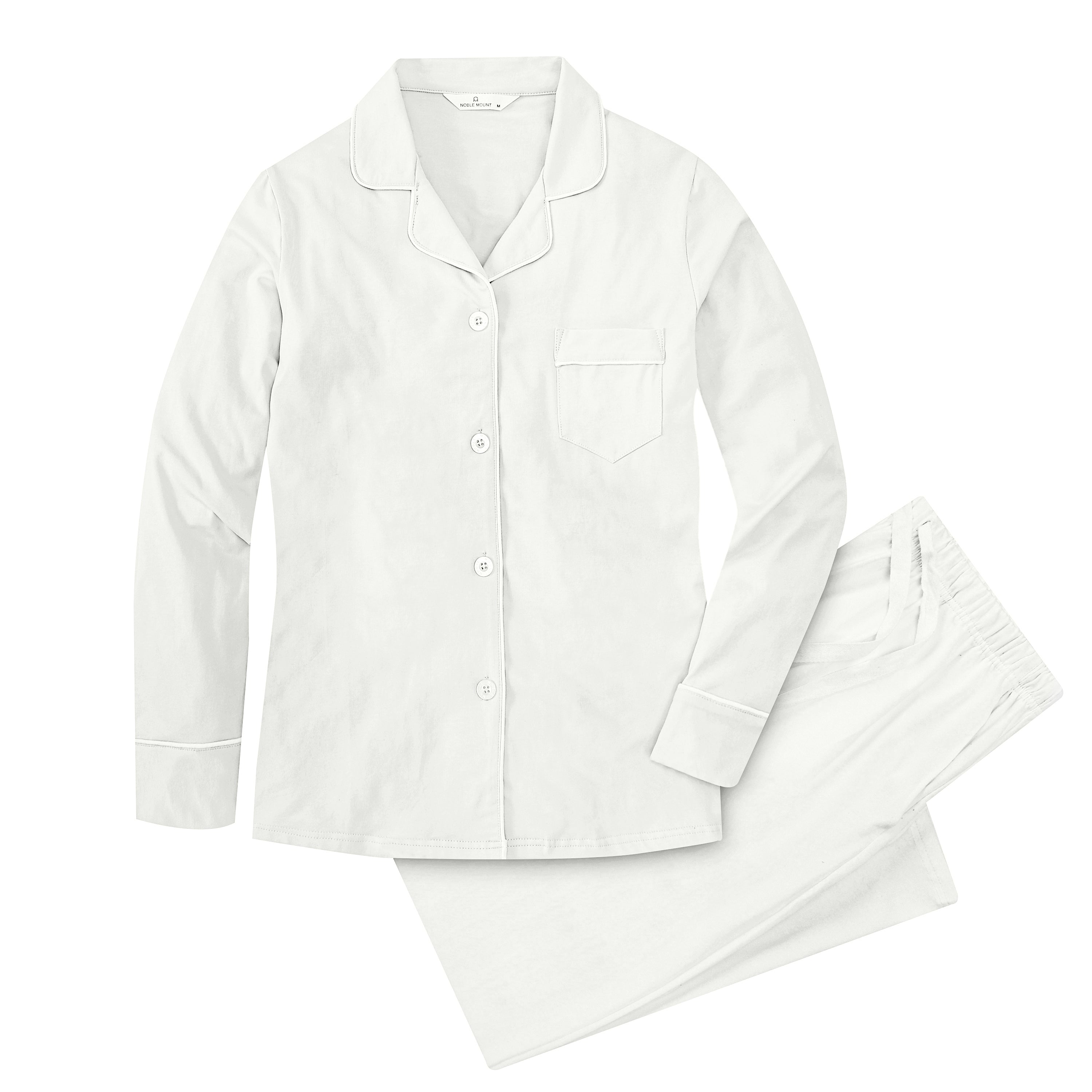 Soft Knit Cotton Womens Pajama Set with Long Sleeve Button Down PJ Shirt and Full Length Pajama Pants with Pockets