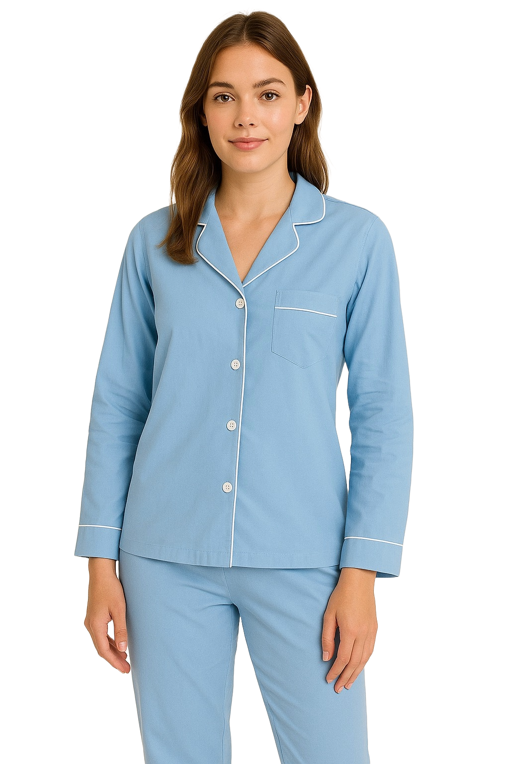 Soft Knit Cotton Womens Pajama Set with Long Sleeve Button Down PJ Shirt and Full Length Pajama Pants with Pockets