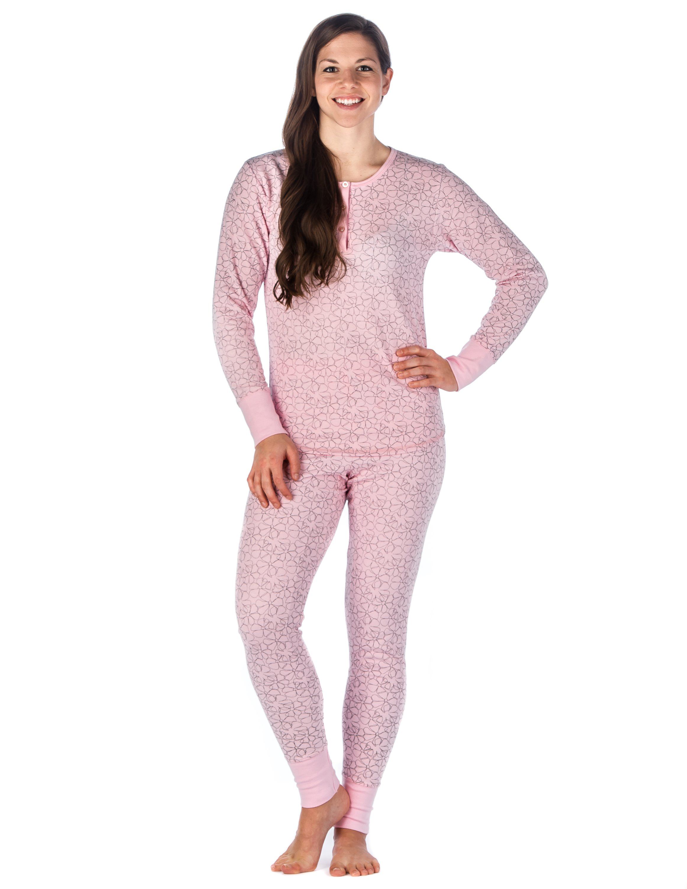 Womens Waffle Knit Thermal Sleep Set - Cute Prints