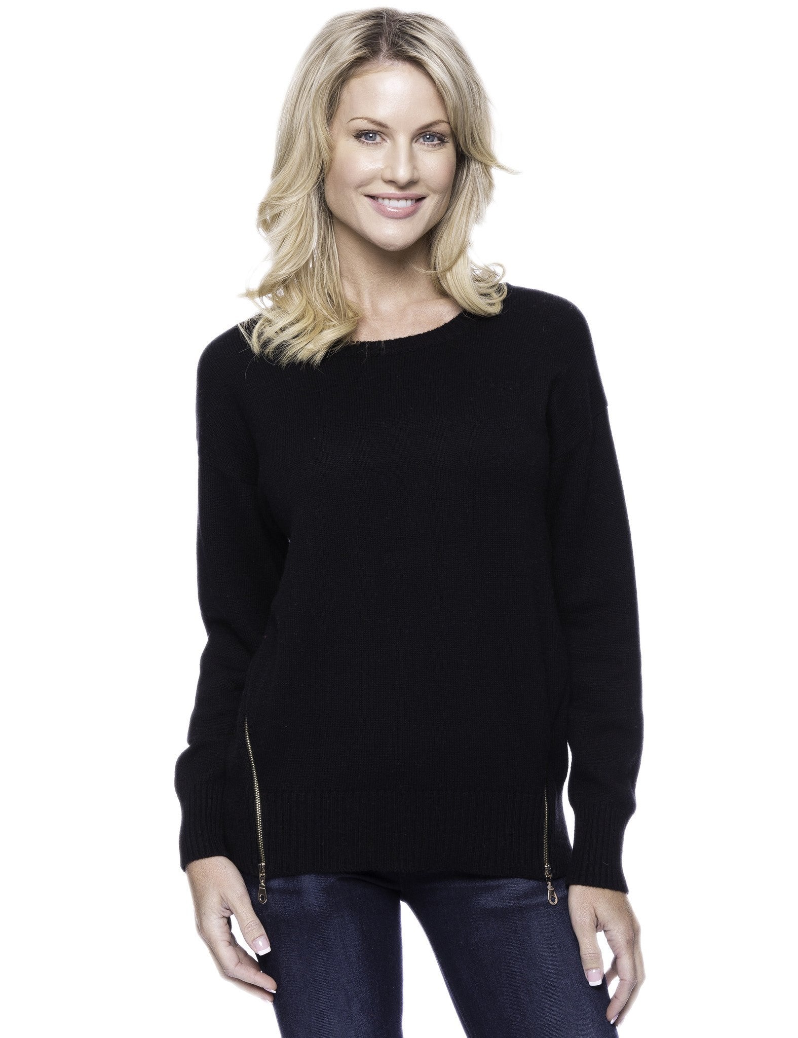 Box-Packaged Tocco Reale Women's Cashmere Blend Crew Neck Sweater with Side Zip