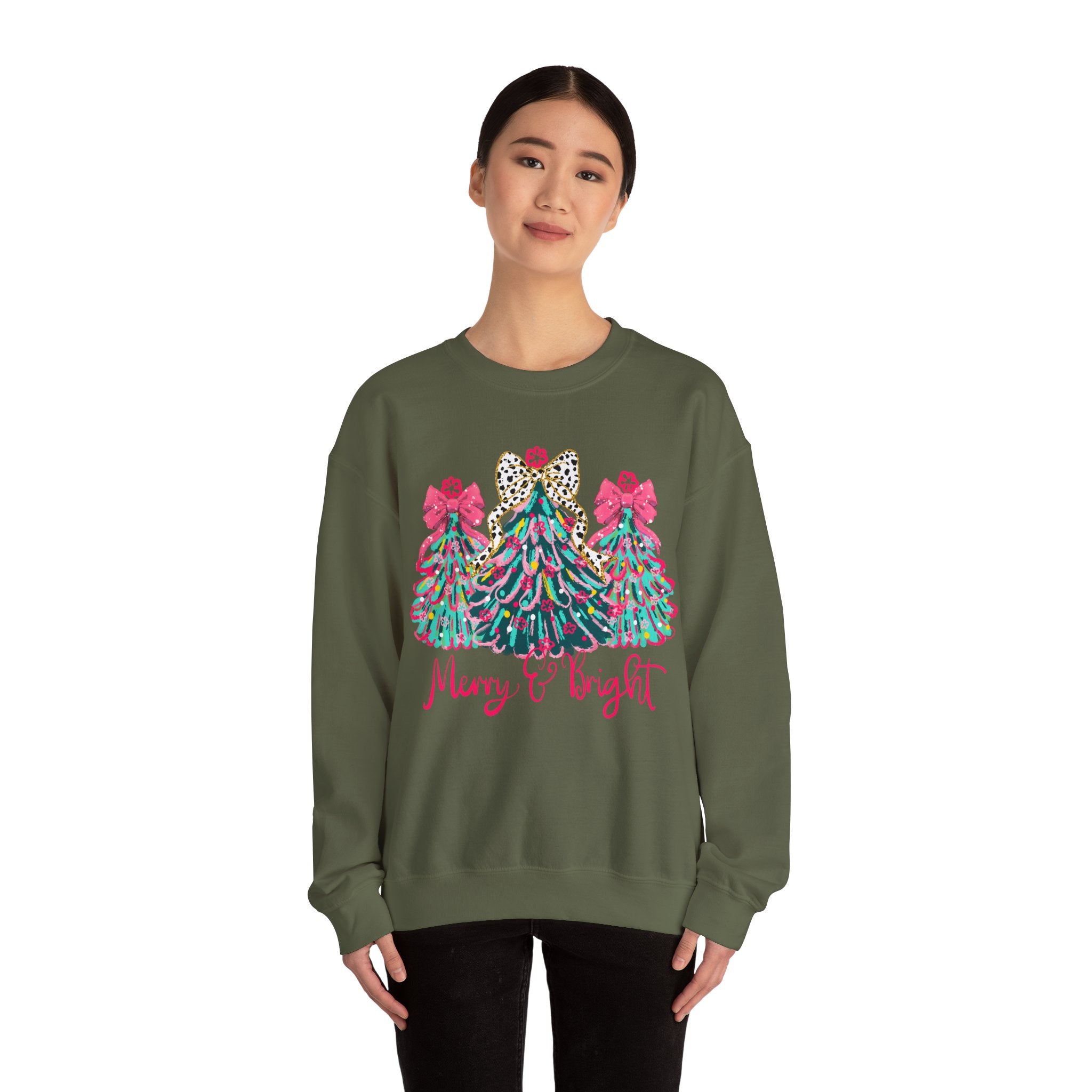 Merry & Bright Christmas Trees Sweatshirt | Womens Crewneck Holiday Christmas Sweater