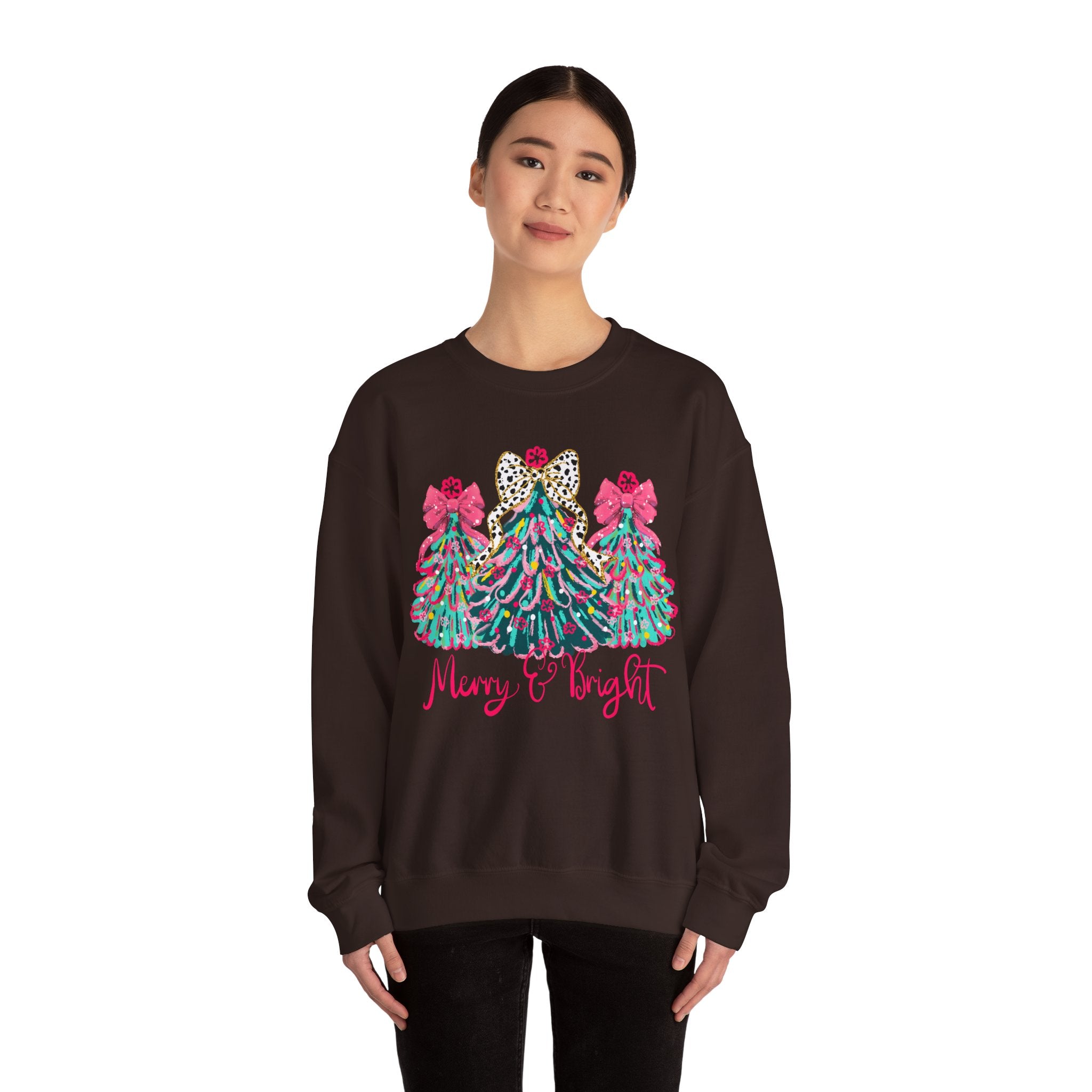 Merry & Bright Christmas Trees Sweatshirt | Womens Crewneck Holiday Christmas Sweater