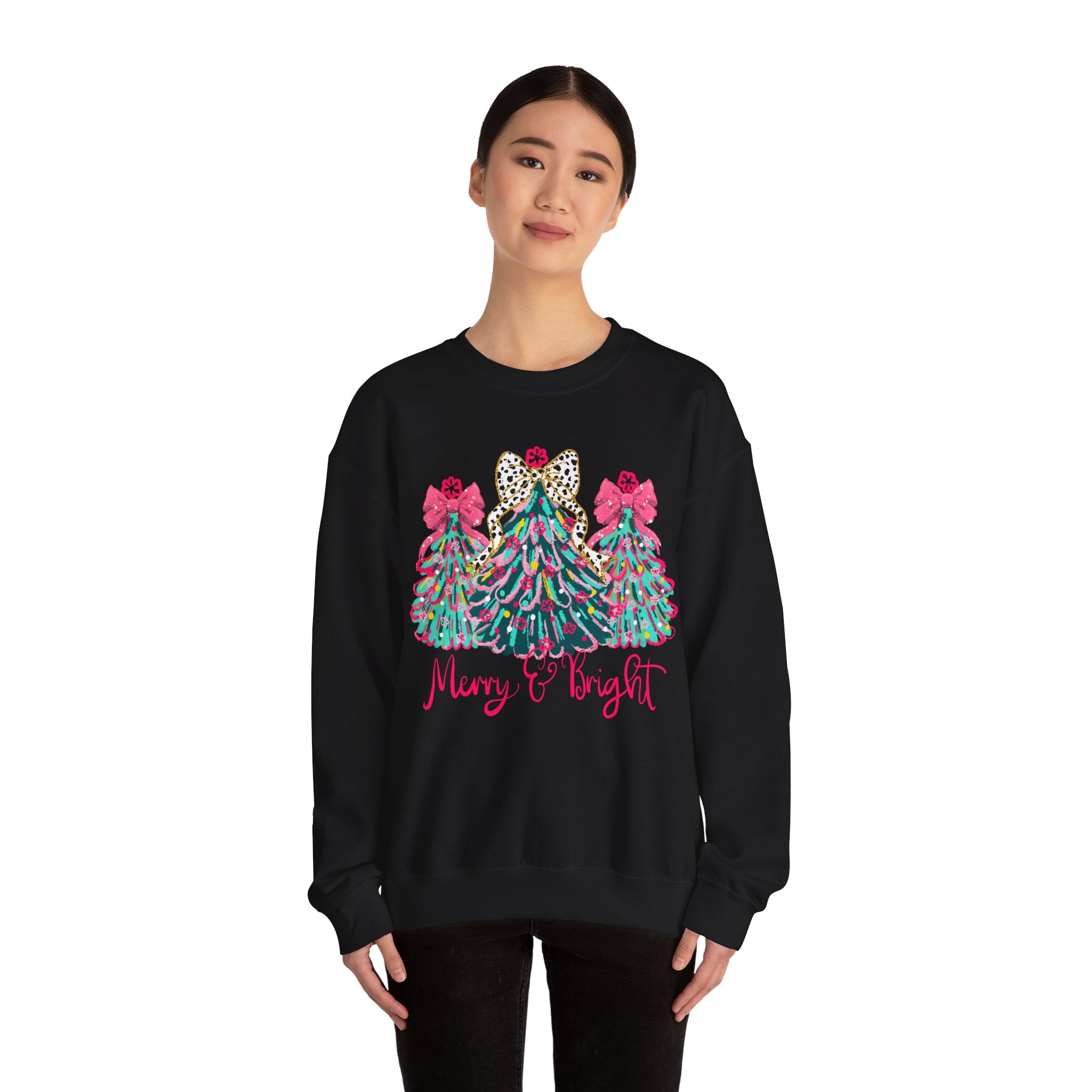 Merry & Bright Christmas Trees Sweatshirt | Womens Crewneck Holiday Christmas Sweater