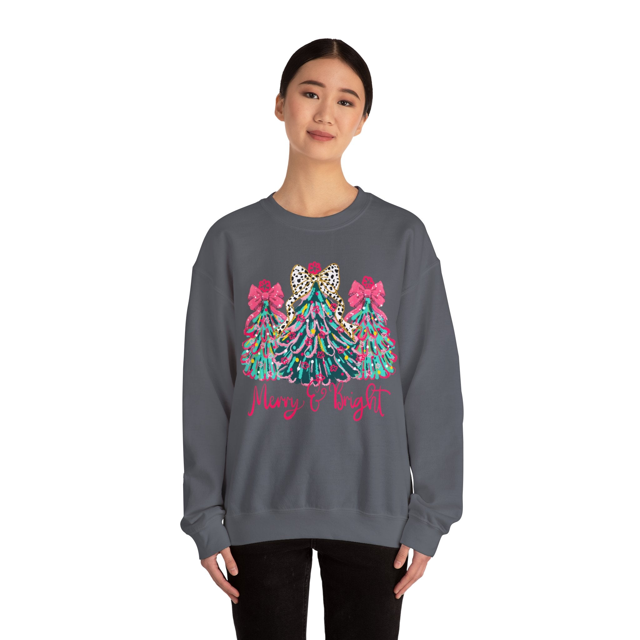 Merry & Bright Christmas Trees Sweatshirt | Womens Crewneck Holiday Christmas Sweater