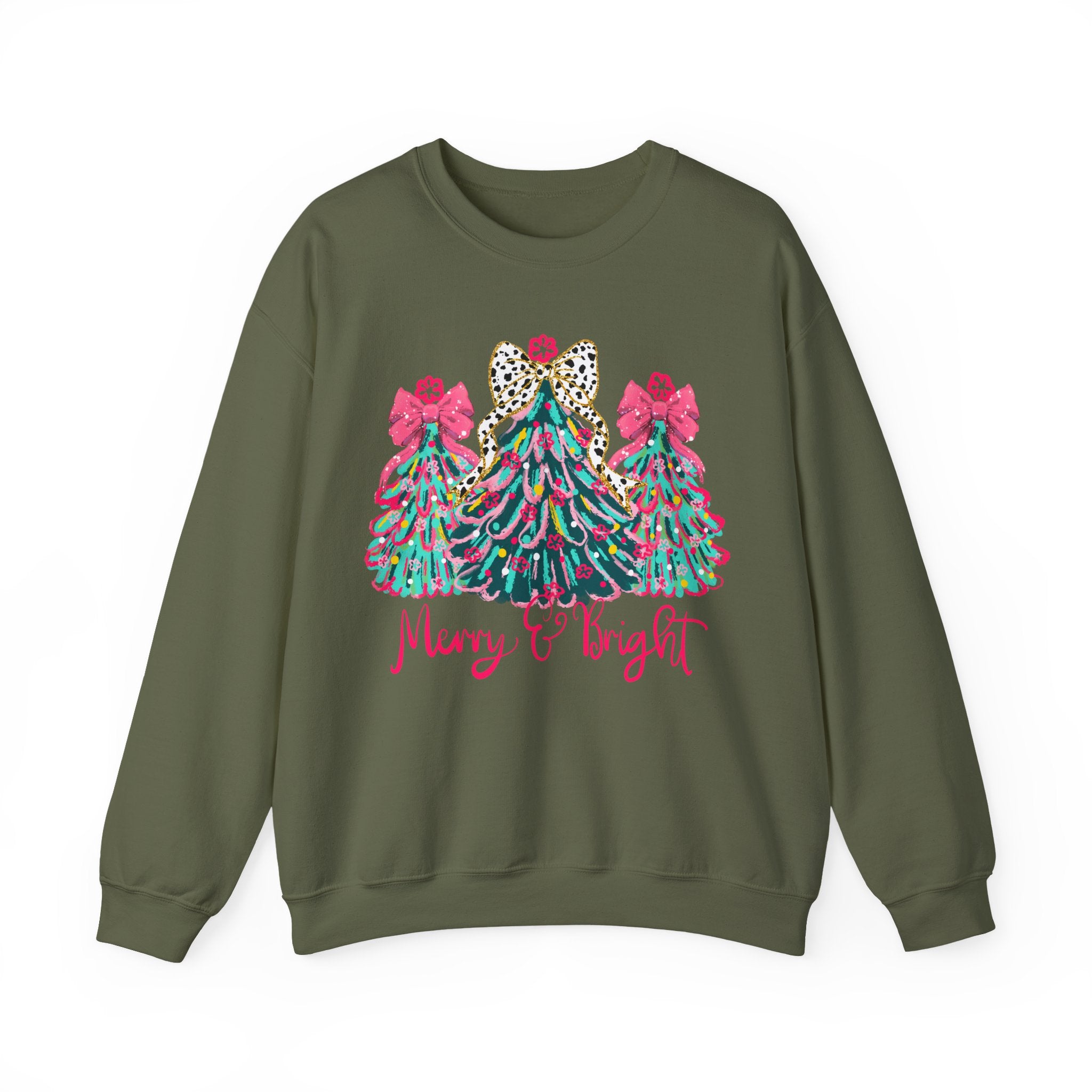 Merry & Bright Christmas Trees Sweatshirt | Womens Crewneck Holiday Christmas Sweater