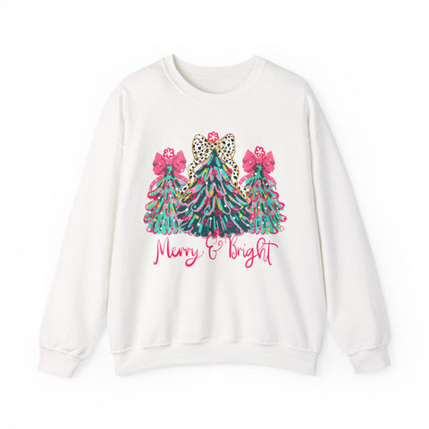 Merry & Bright Christmas Trees Sweatshirt | Womens Crewneck Holiday Christmas Sweater