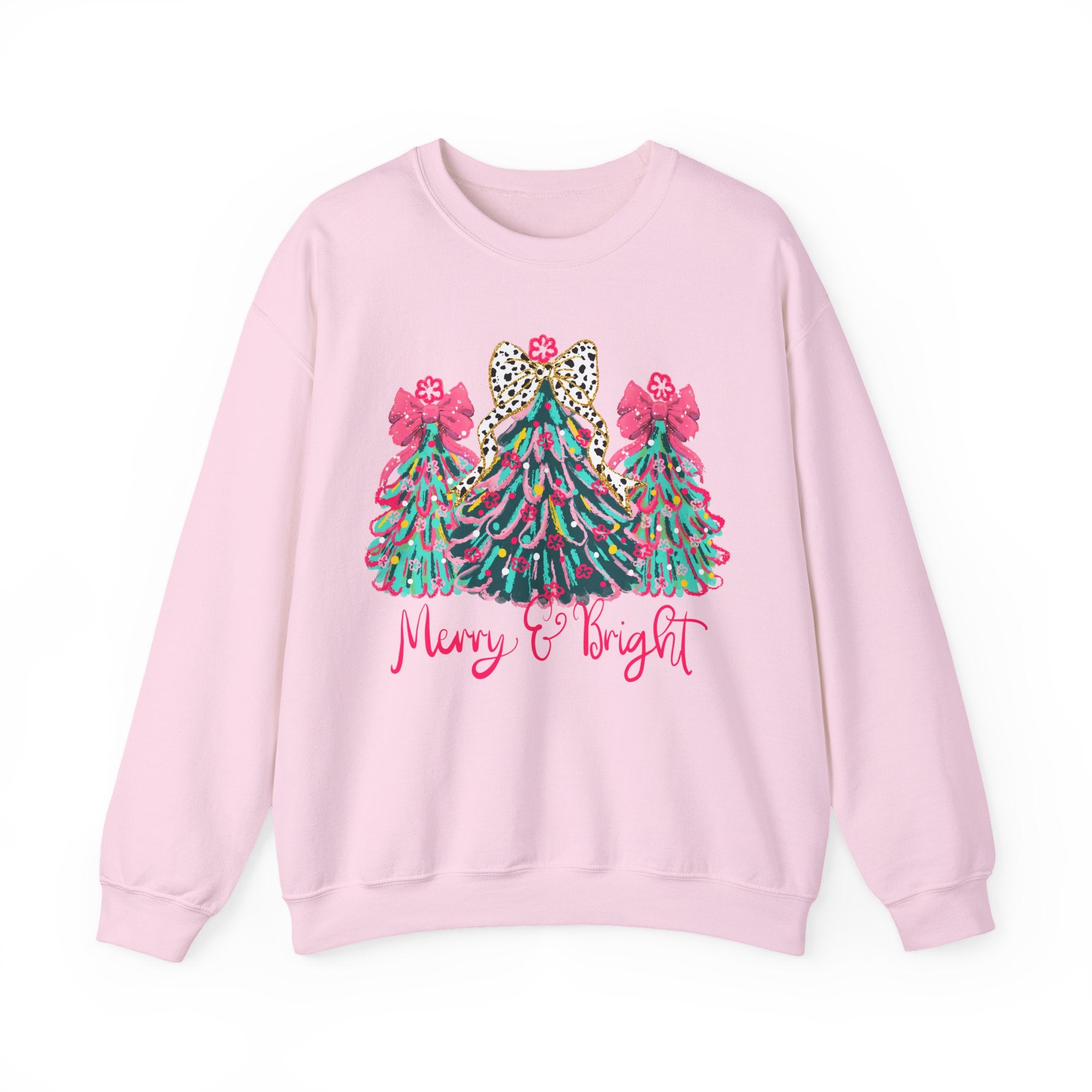 Merry & Bright Christmas Trees Sweatshirt | Womens Crewneck Holiday Christmas Sweater