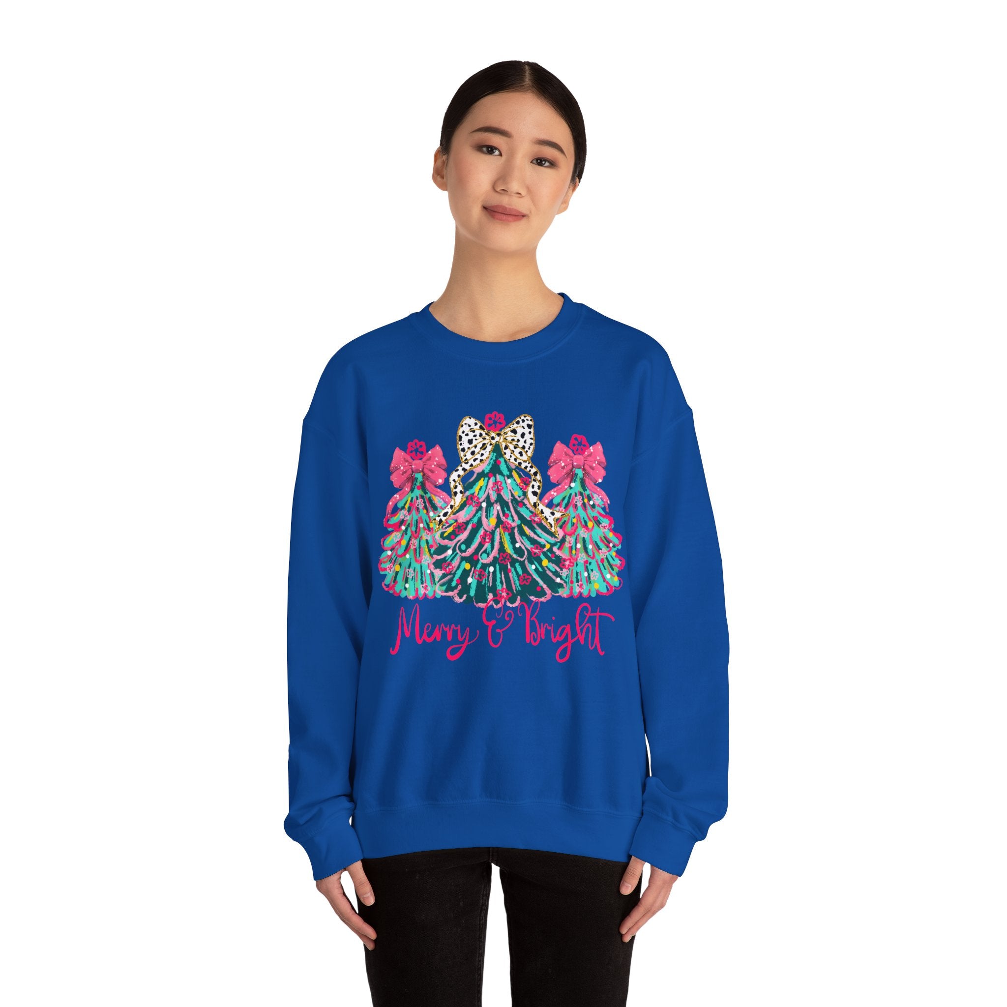 Merry & Bright Christmas Trees Sweatshirt | Womens Crewneck Holiday Christmas Sweater