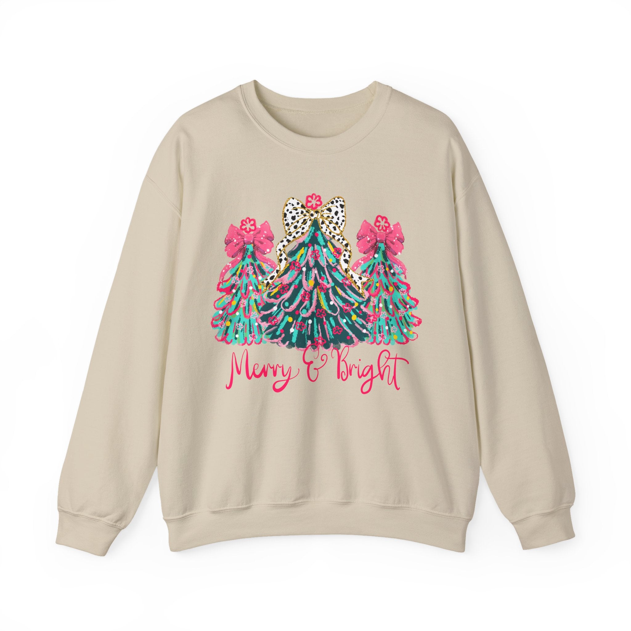 Merry & Bright Christmas Trees Sweatshirt | Womens Crewneck Holiday Christmas Sweater