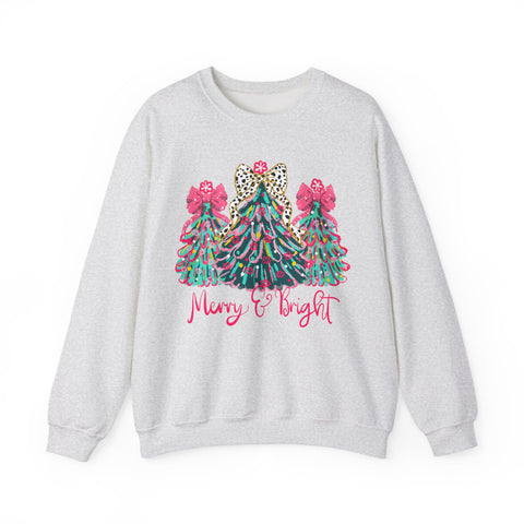 Merry & Bright Christmas Trees Sweatshirt | Womens Crewneck Holiday Christmas Sweater