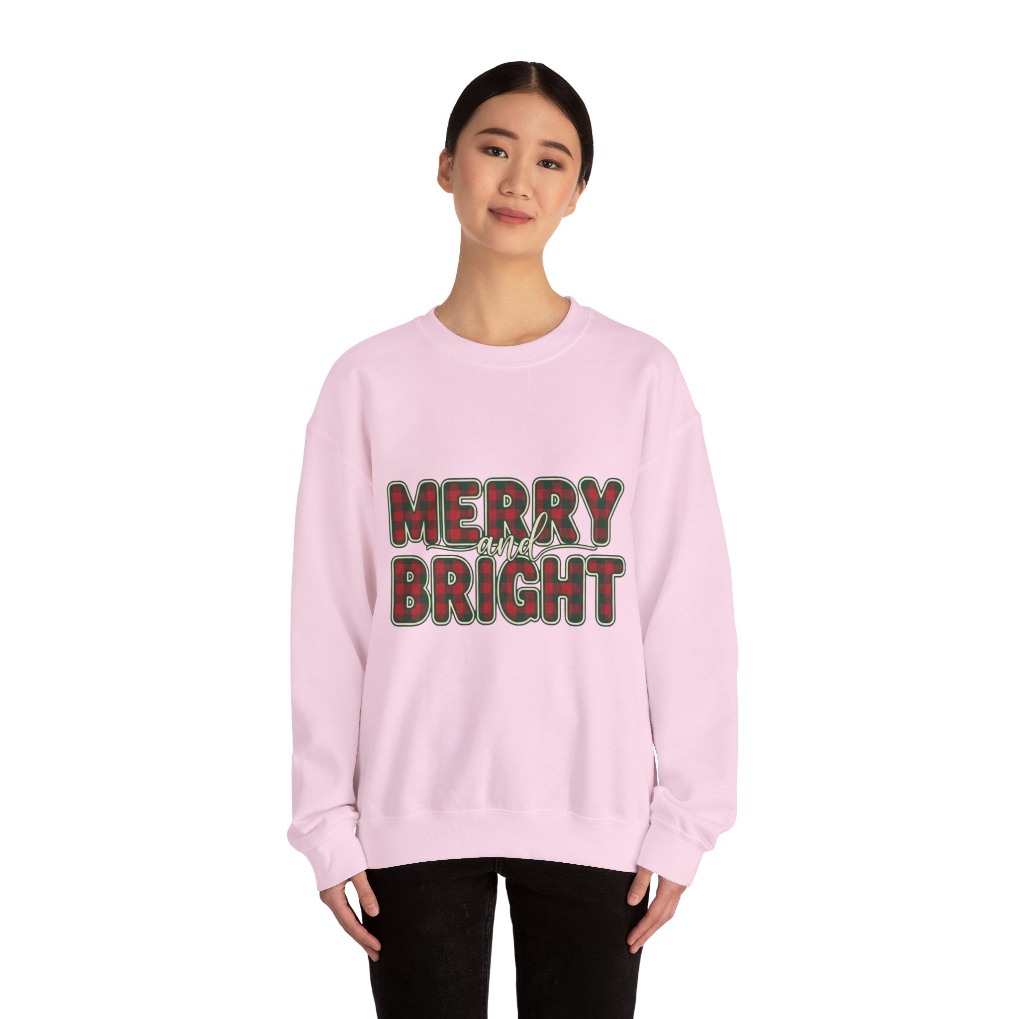 Merry and Bright Womens Christmas Sweatshirt - Plaid Letters