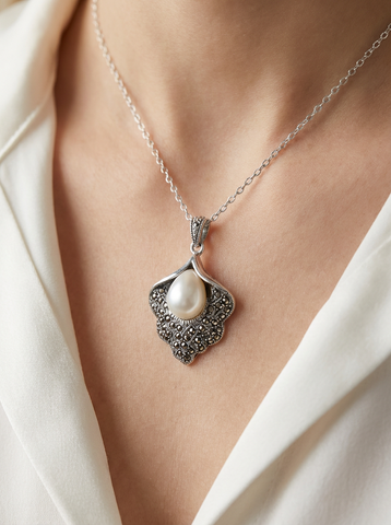 925 Sterling Silver Art Deco Marcasite Pendant, Anti-Tarnish