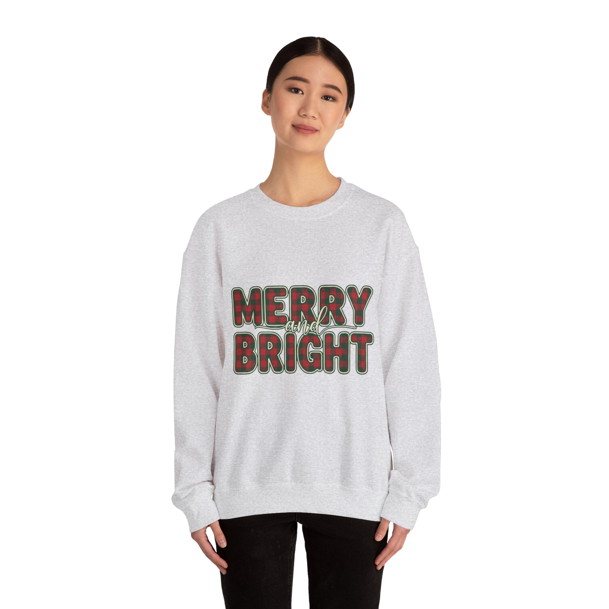 Merry and Bright Womens Christmas Sweatshirt - Plaid Letters