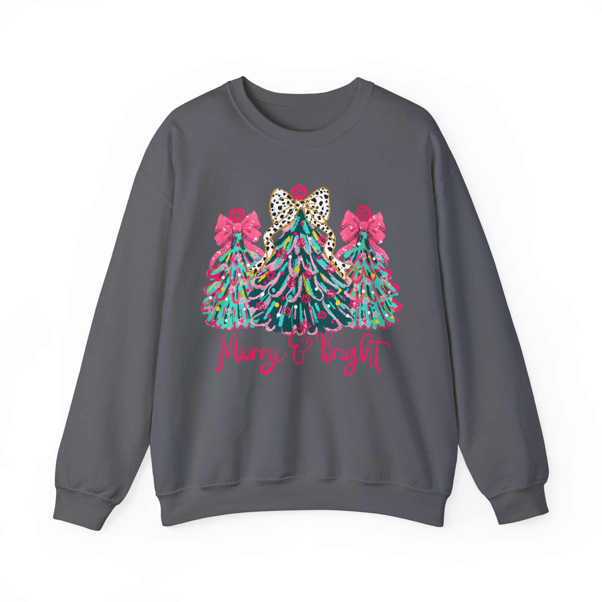 Merry & Bright Christmas Trees Sweatshirt | Womens Crewneck Holiday Christmas Sweater